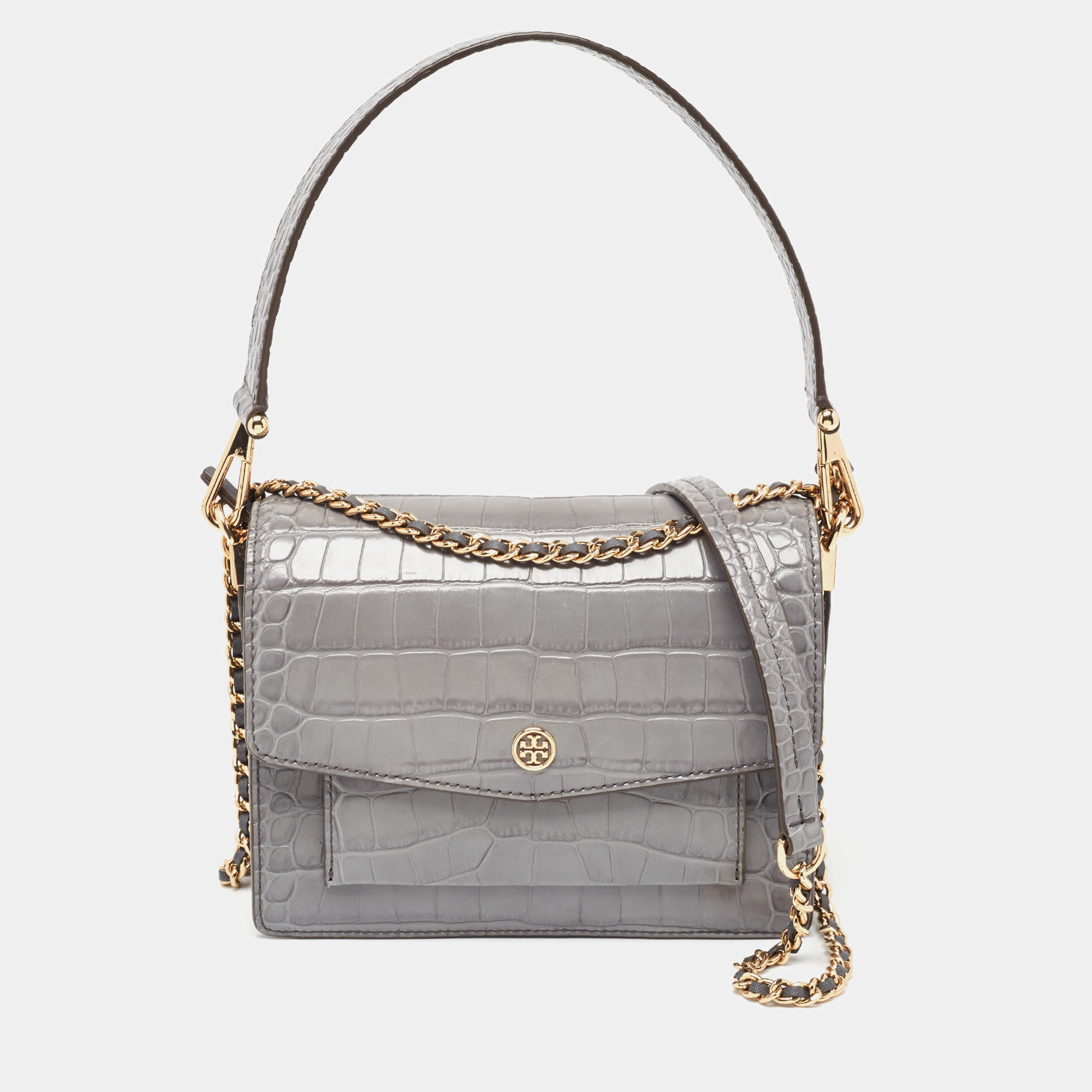 Tory Burch Grey Croc Embossed Leather and Suede Robinson Top Handle Bag