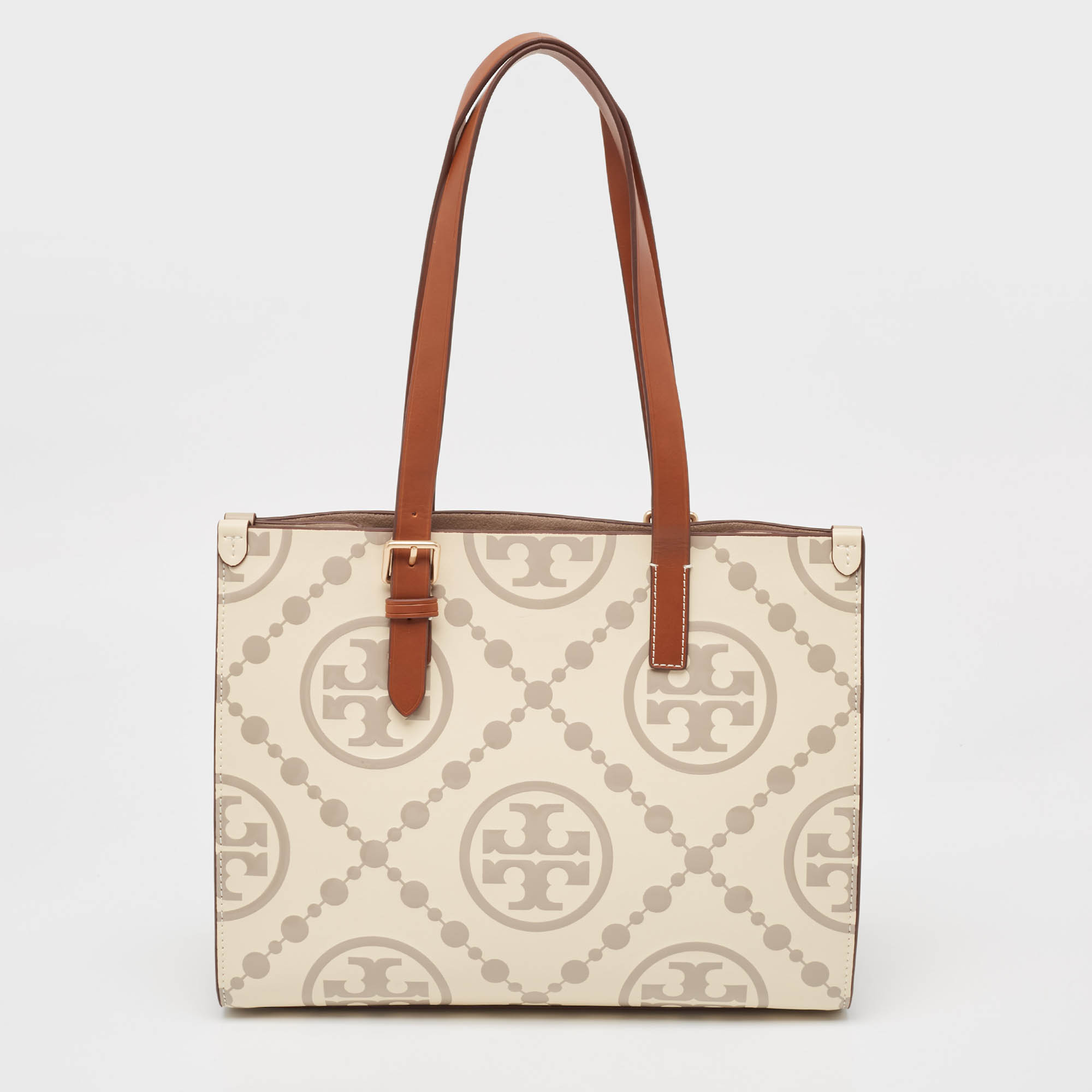 Pre Owned Tory Burch New Cream/Brown T Monogram Leather Small Contrast Tote