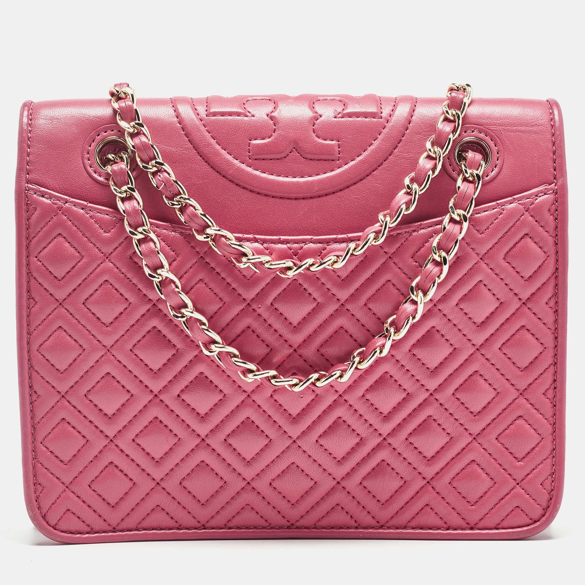 Pre Owned Tory Burch Pink Leather Small Fleming Shoulder Bag