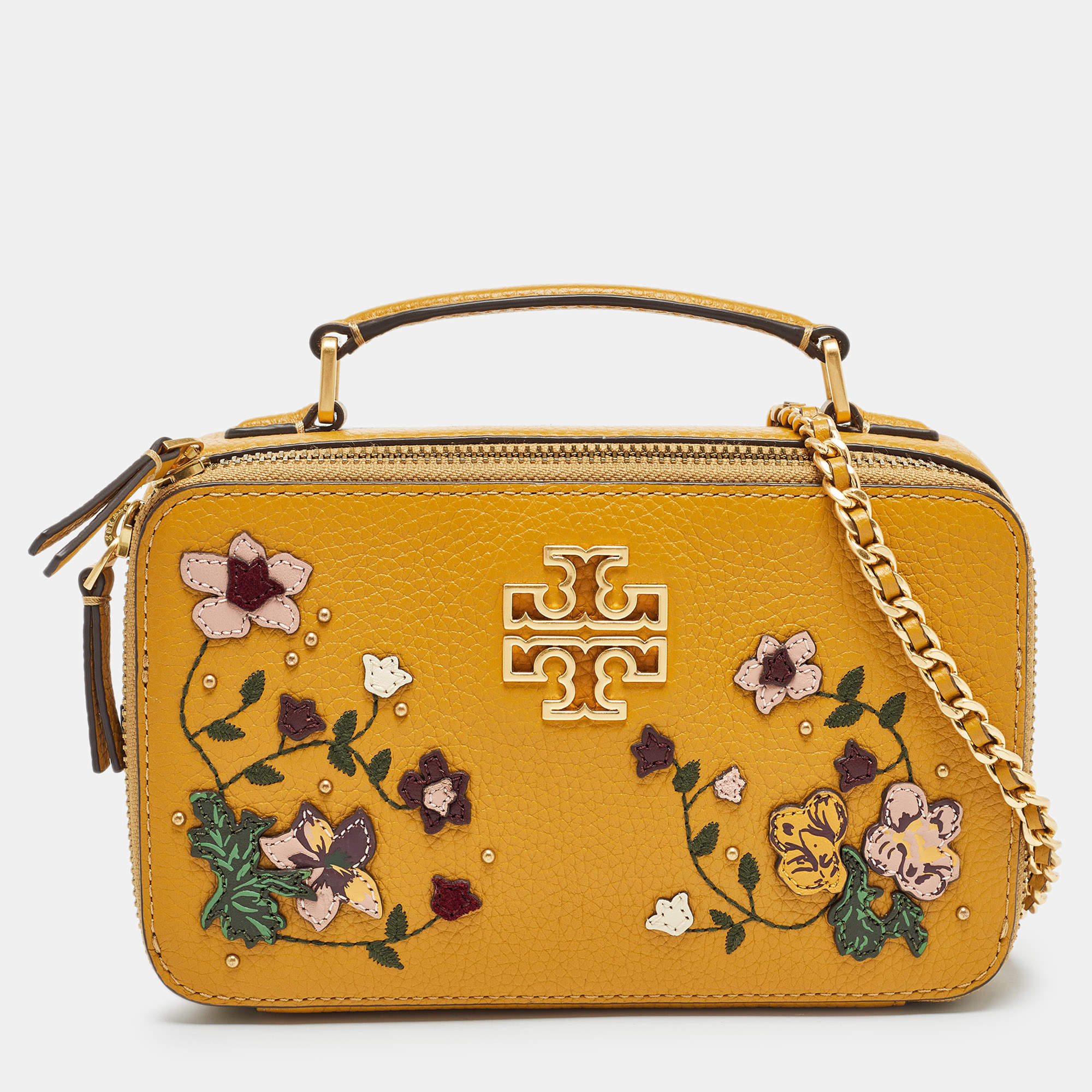 Pre Owned Tory Burch Mustard Leather Floral Applique Britten Crossbody Bag