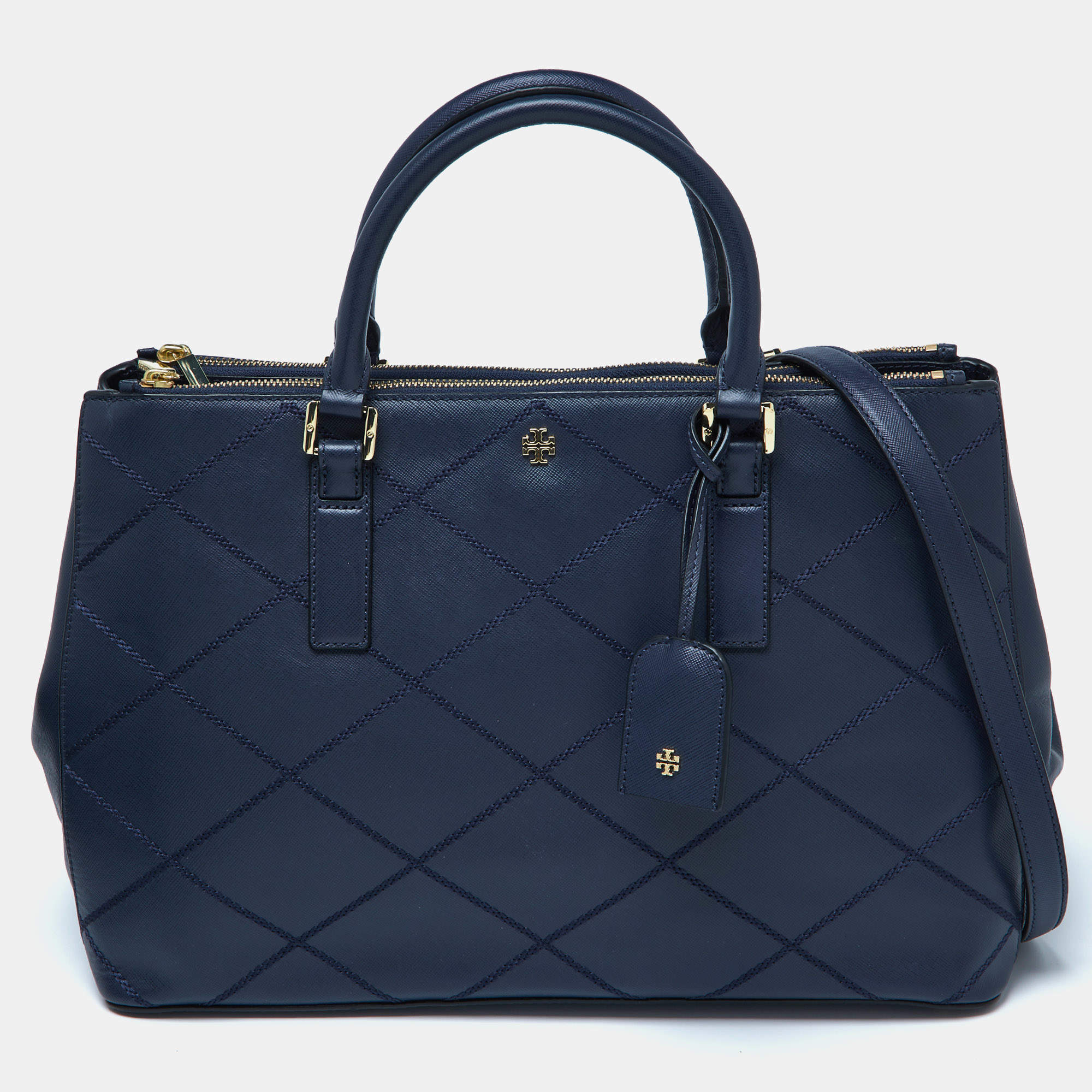 Tory Burch Blue Wild Stitch Leather Robinson Double Zip Tote