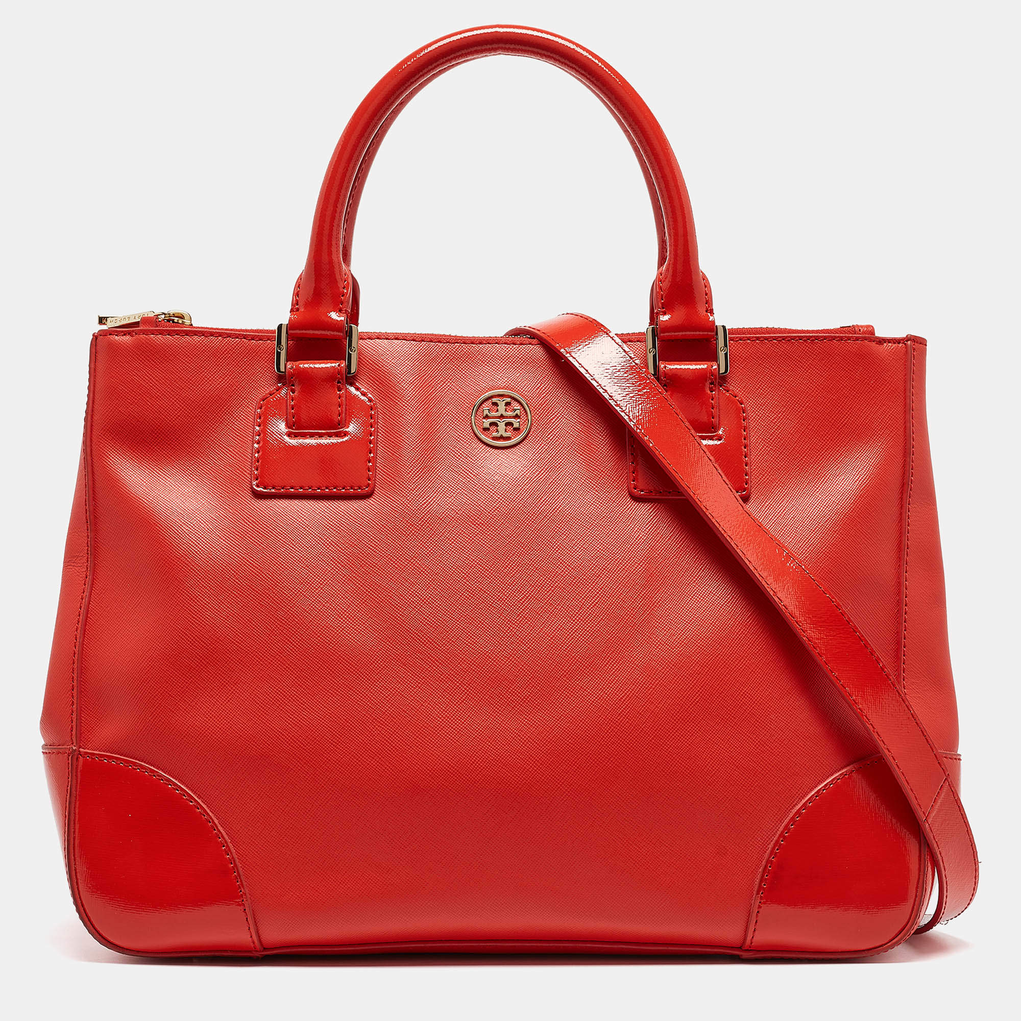 Tory Burch Orange Patent and Leather Large Robinson Double Zip Tote