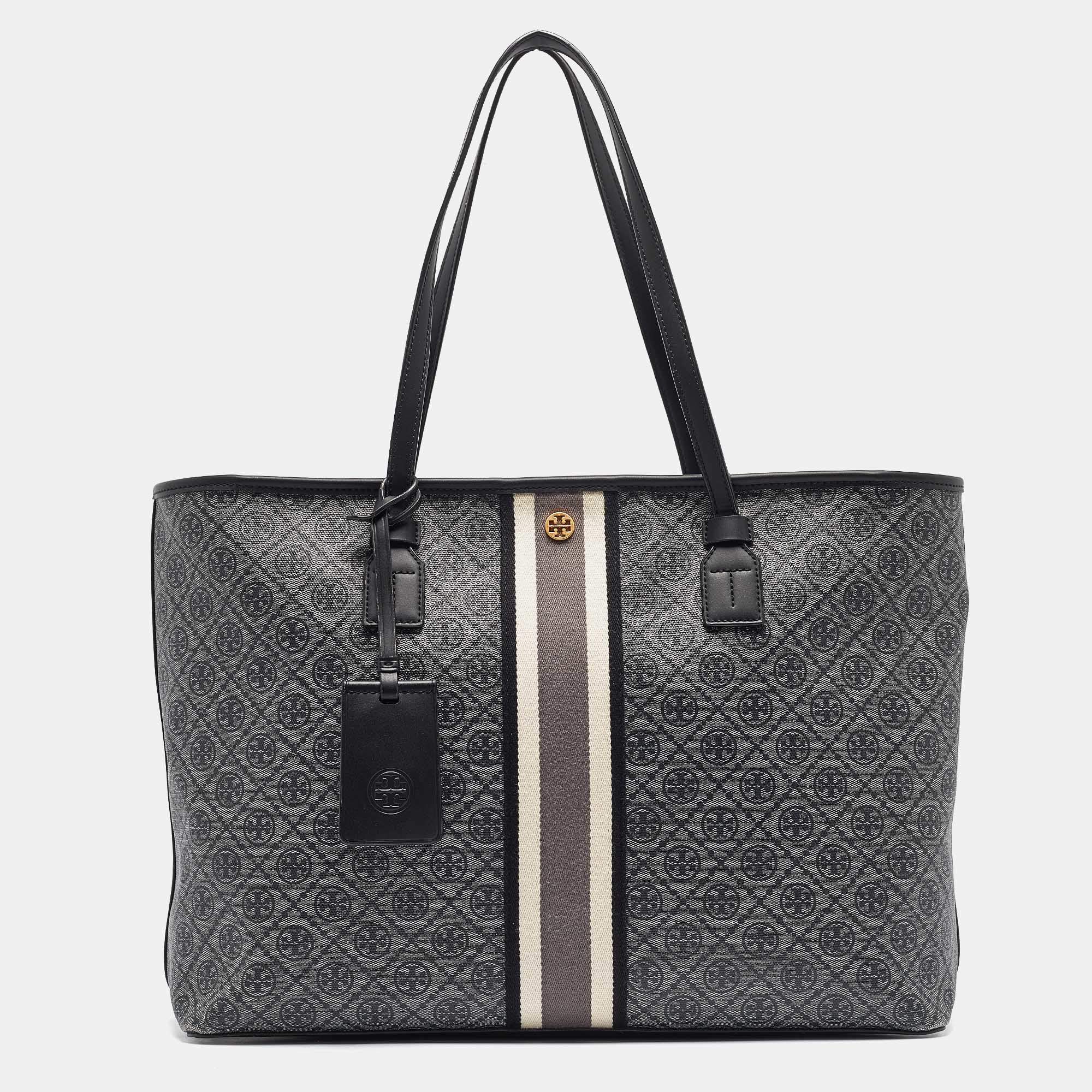 Pre Owned Tory Burch Grey/Black Logo Coated Canvas Zip Shopper Tote