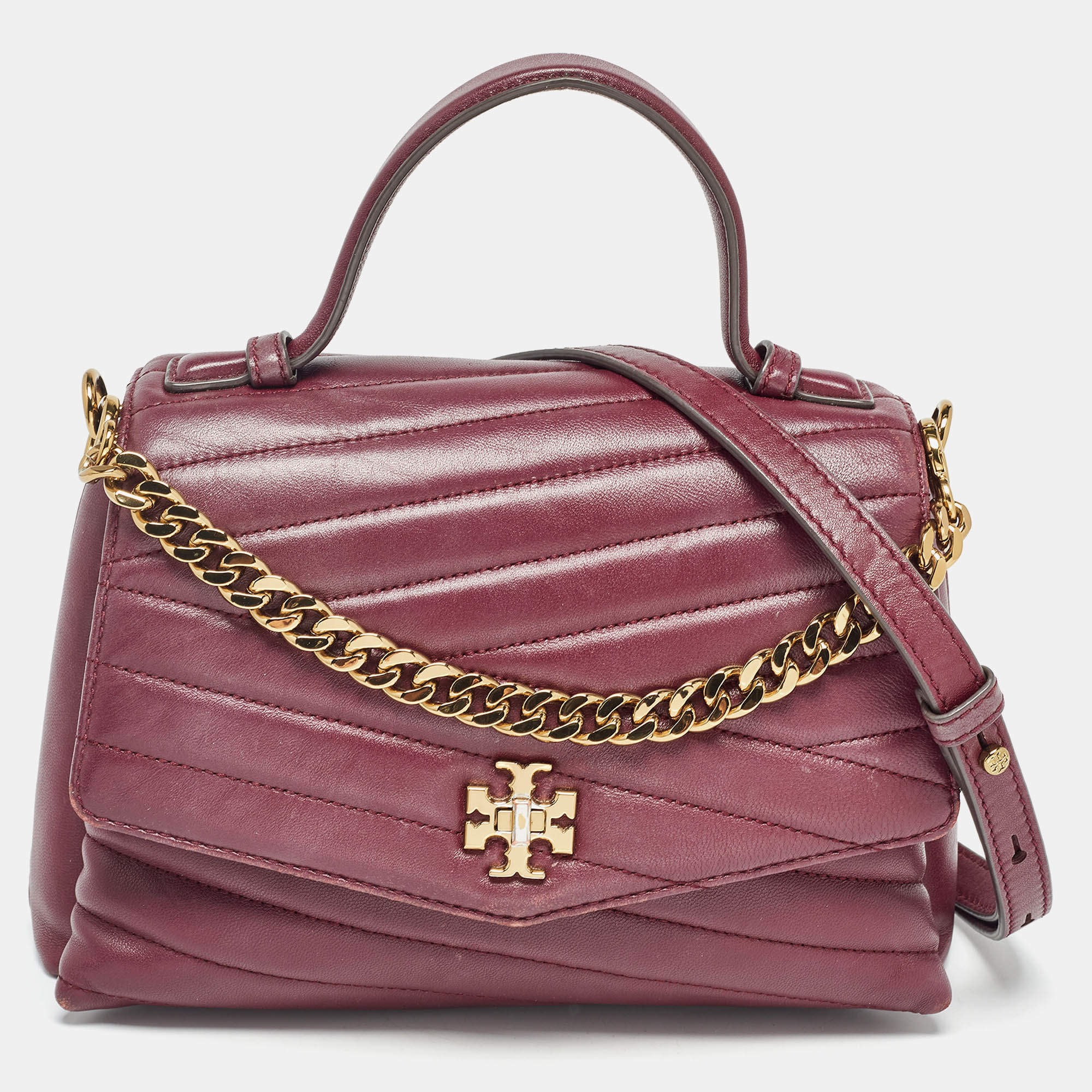 Pre Owned Tory Burch Burgundy Chevron Leather Kira Top Handle Bag