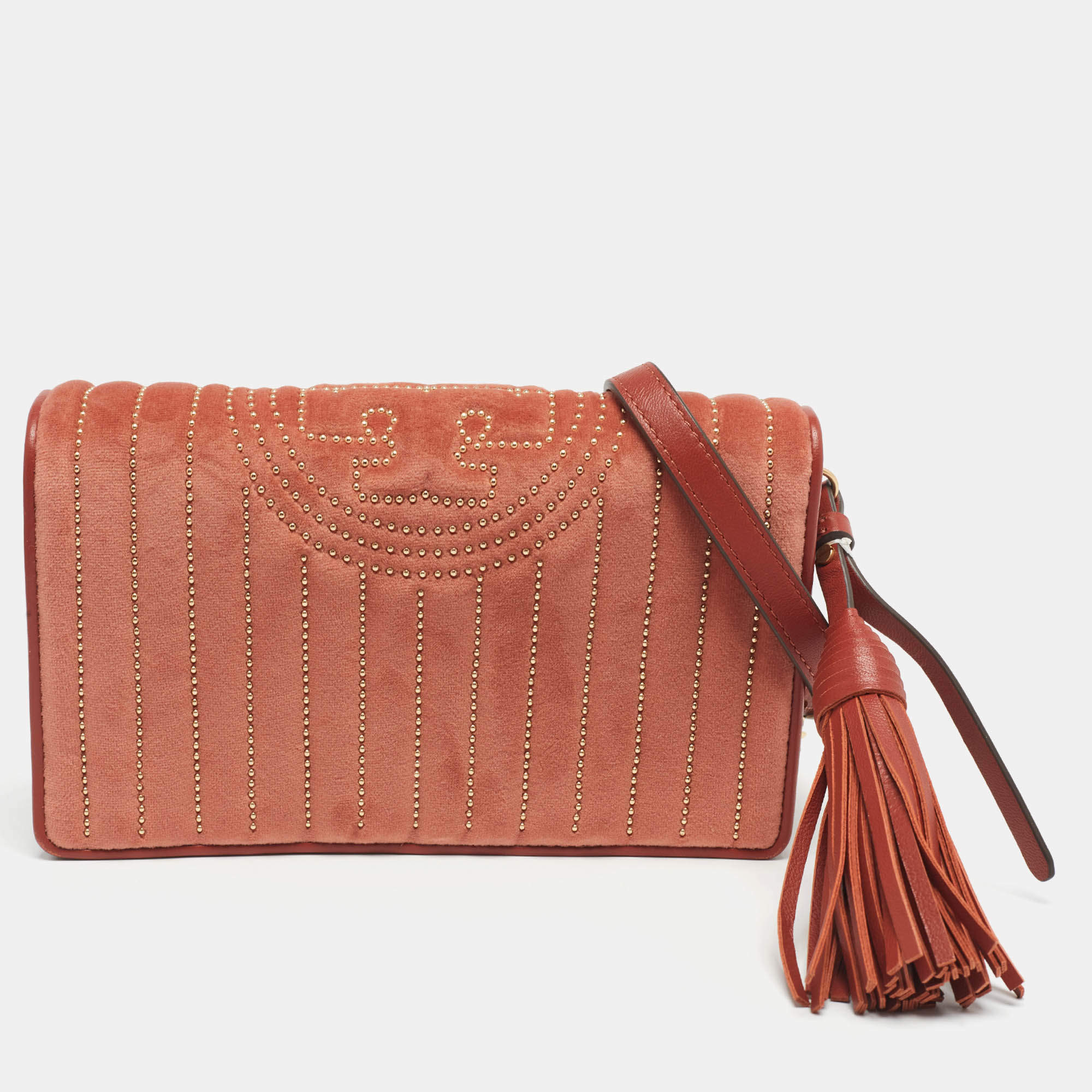 Pre Owned Tory Burch Brown Brick Quilted Velvet Small Kira Shoulder Bag