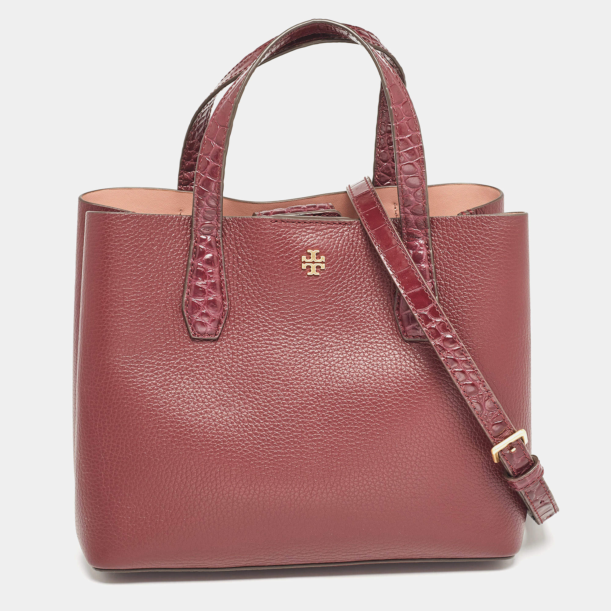 Tory Burch Burgundy Croc Embossed and Leather Small Blake Tote