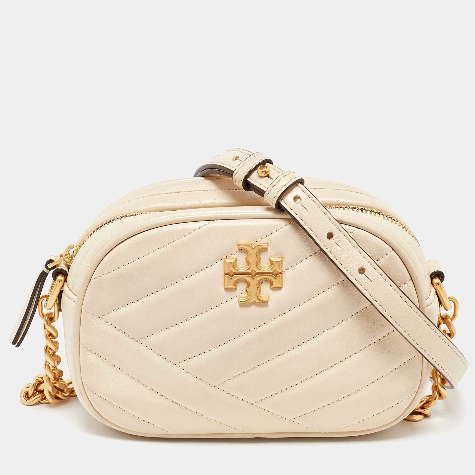 Pre Owned Tory Burch Cream Quilted Leather Small Kira Camera Bag