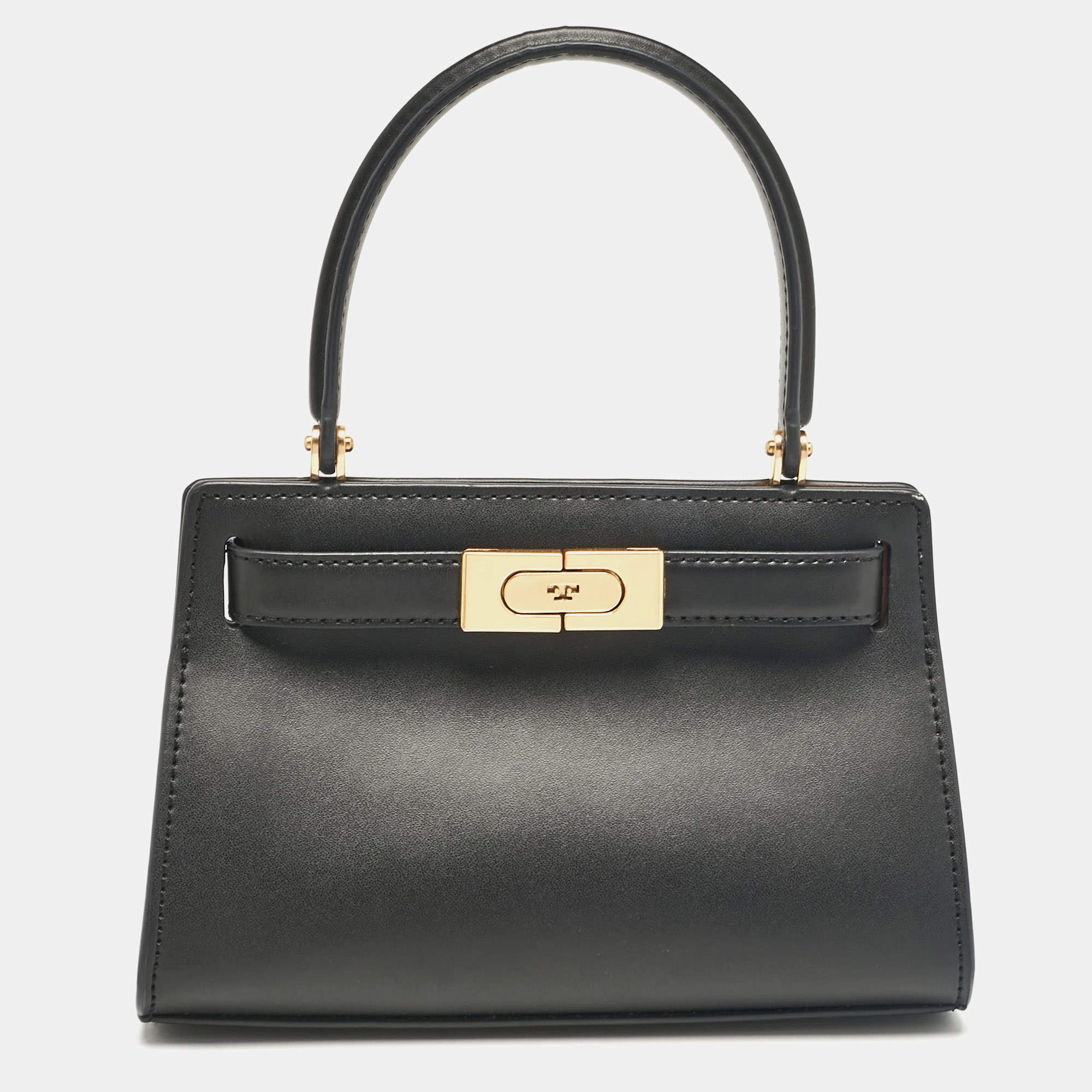 Pre Owned Tory Burch Black Leather Petite Lee Radziwill Top Handle Bag