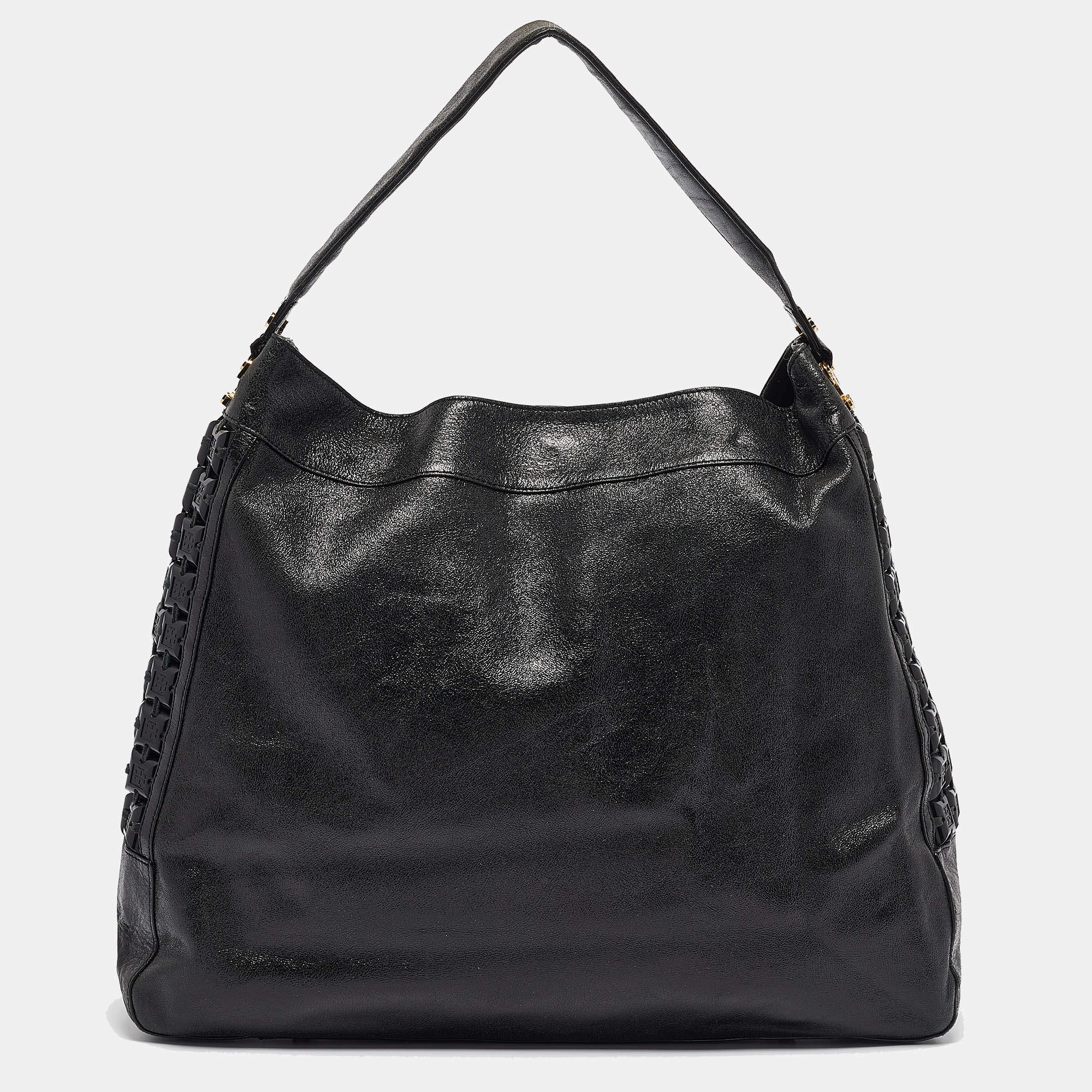 Pre Owned Tory Burch Black Iridescent Leather Logo Detail Hobo