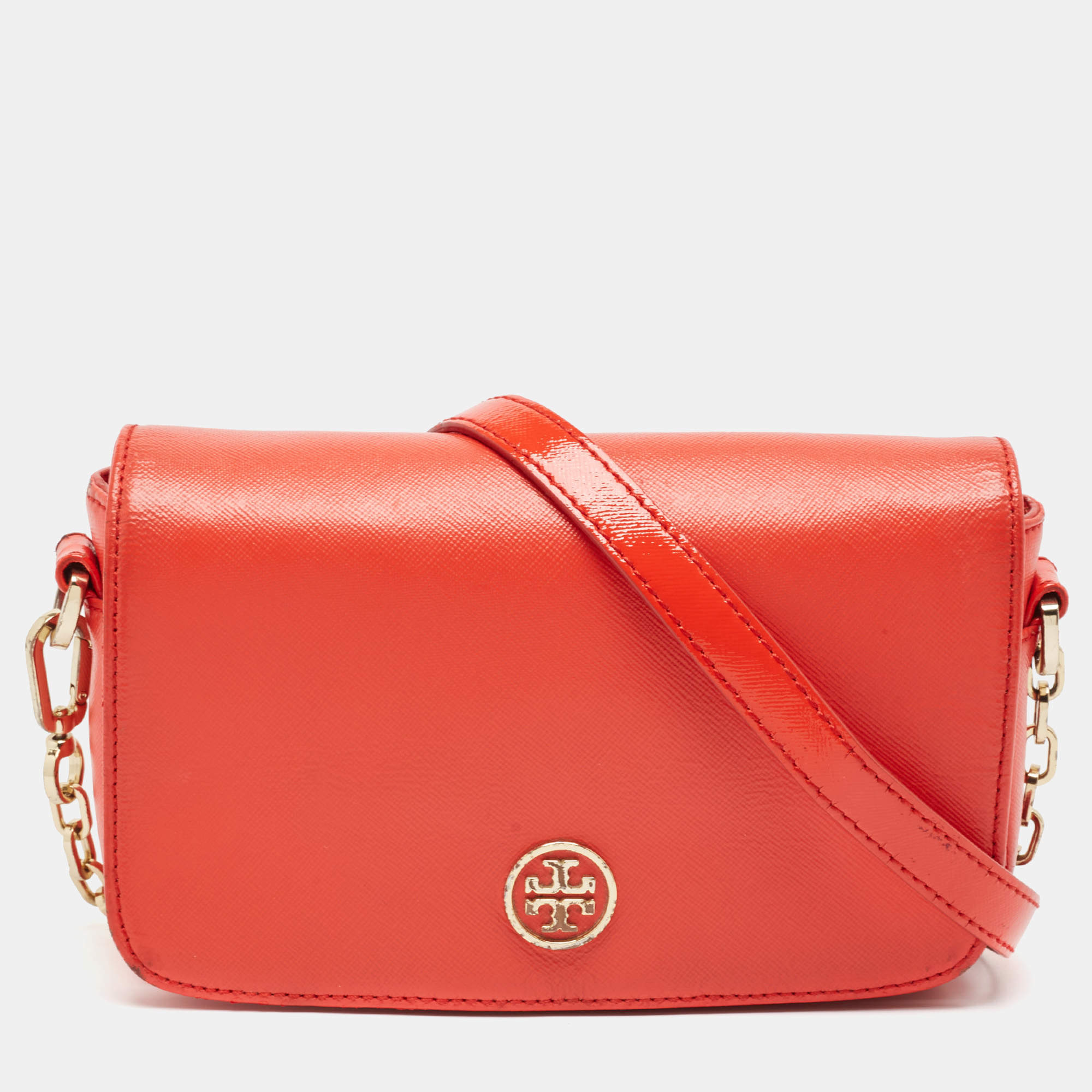 Tory Burch Orange Patent and Leather Mini Robinson Crossbody Bag