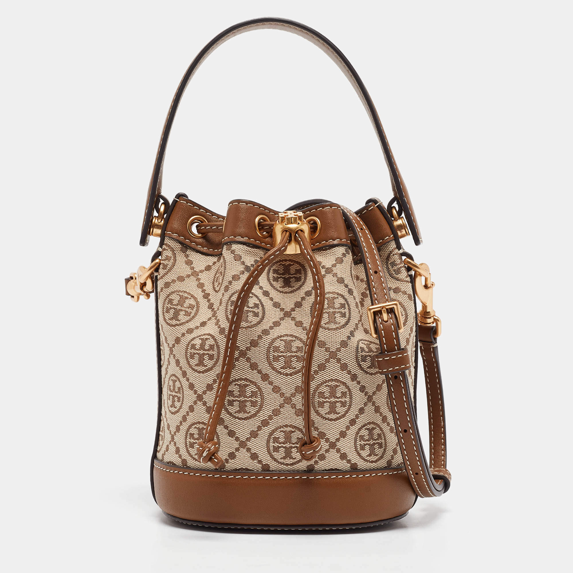 Pre Owned Tory Burch Brown/Beige Canvas and Leather Mini T Monogram Bucket Bag