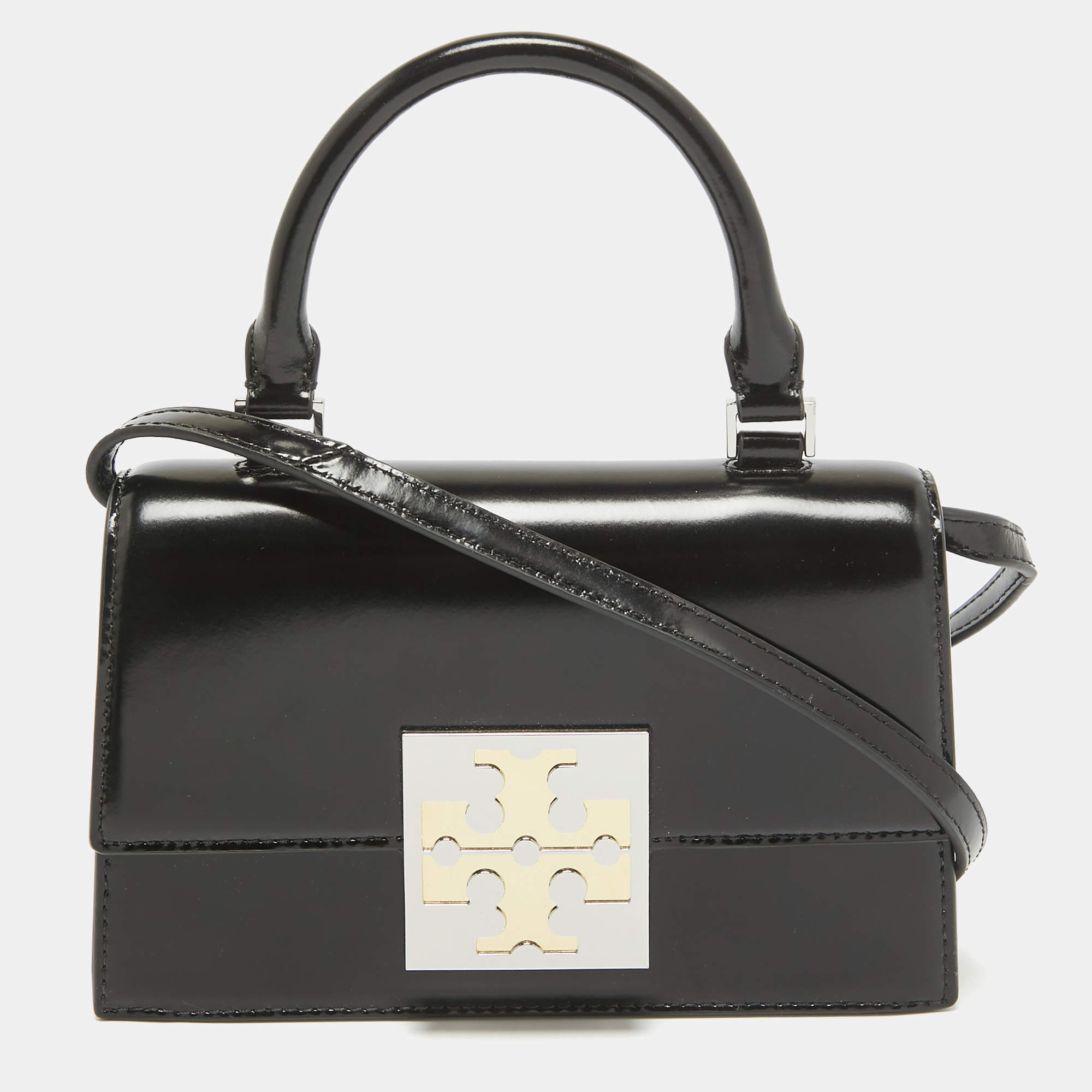Pre Owned Tory Burch Black Glossy Leather Mini Bon Bon Top Handle Bag