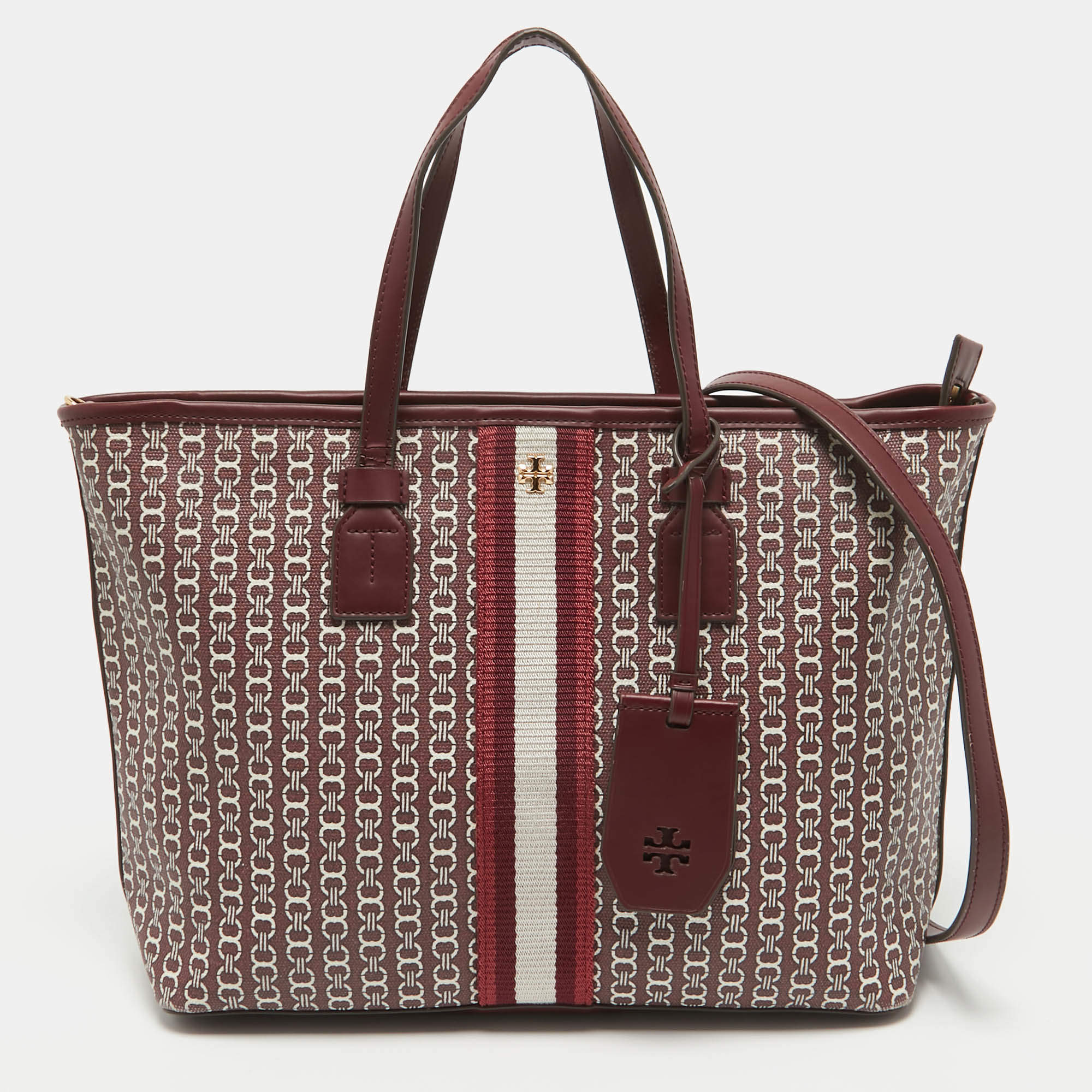 Pre Owned Tory Burch Burgundy Coated Canvas and Leather Gemini Link Top Zip Tote