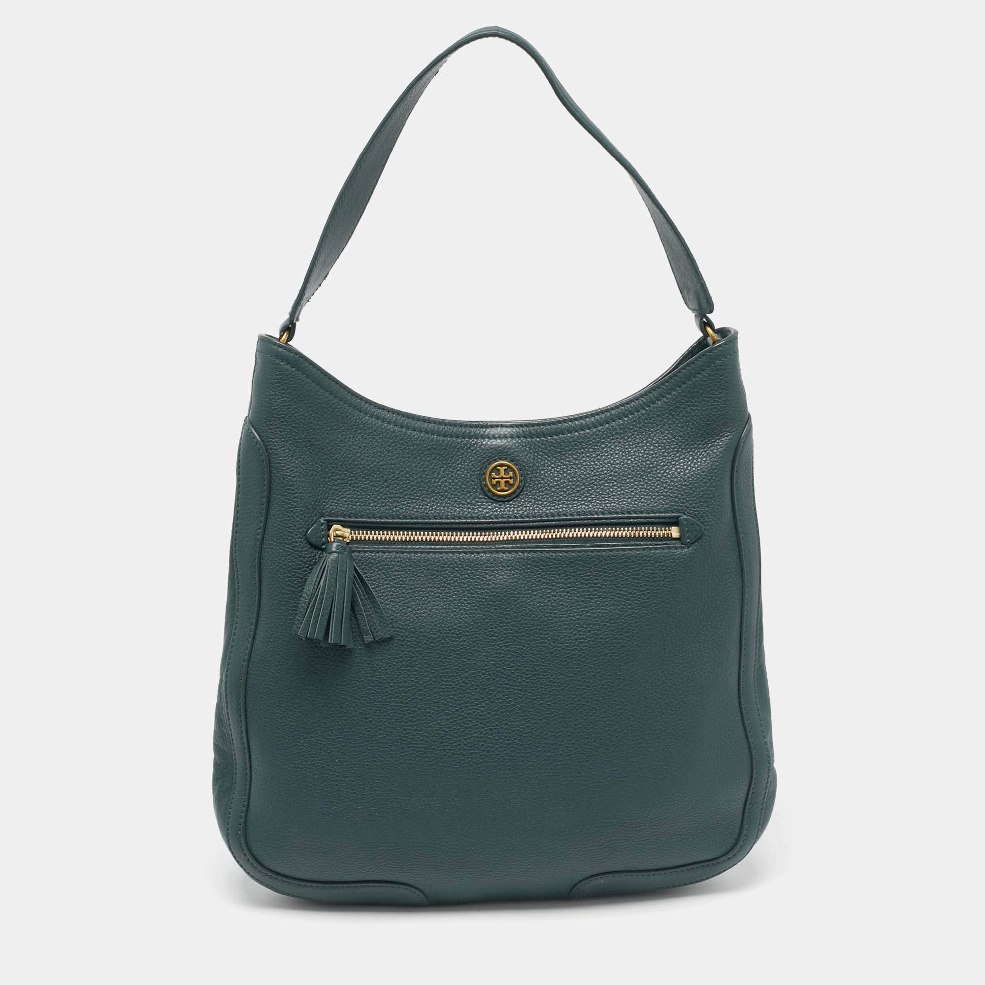 Pre Owned Tory Burch Dark Green Robinson Tassel Hobo