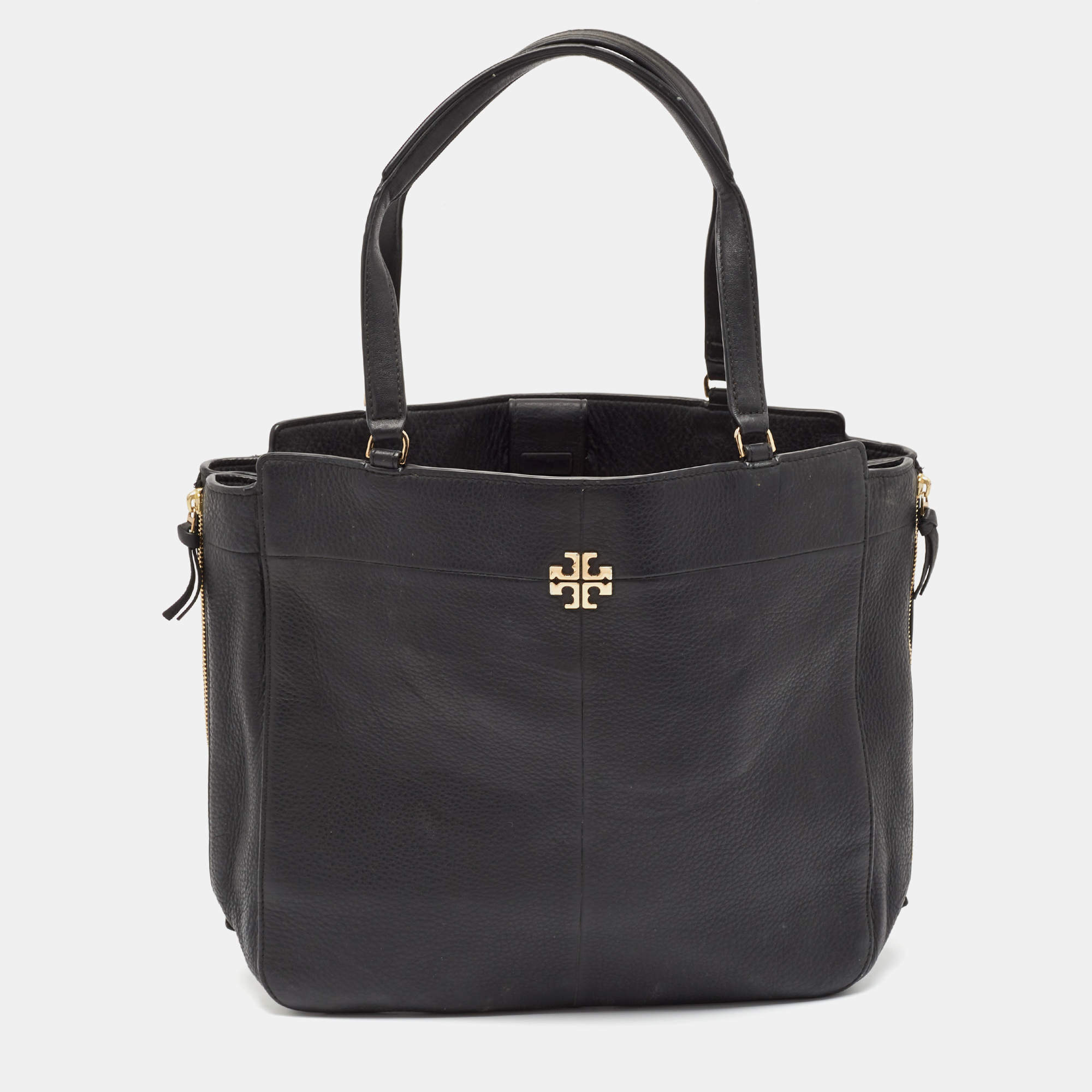 Pre Owned Tory Burch Black Leather Ivy Side Zip Tote