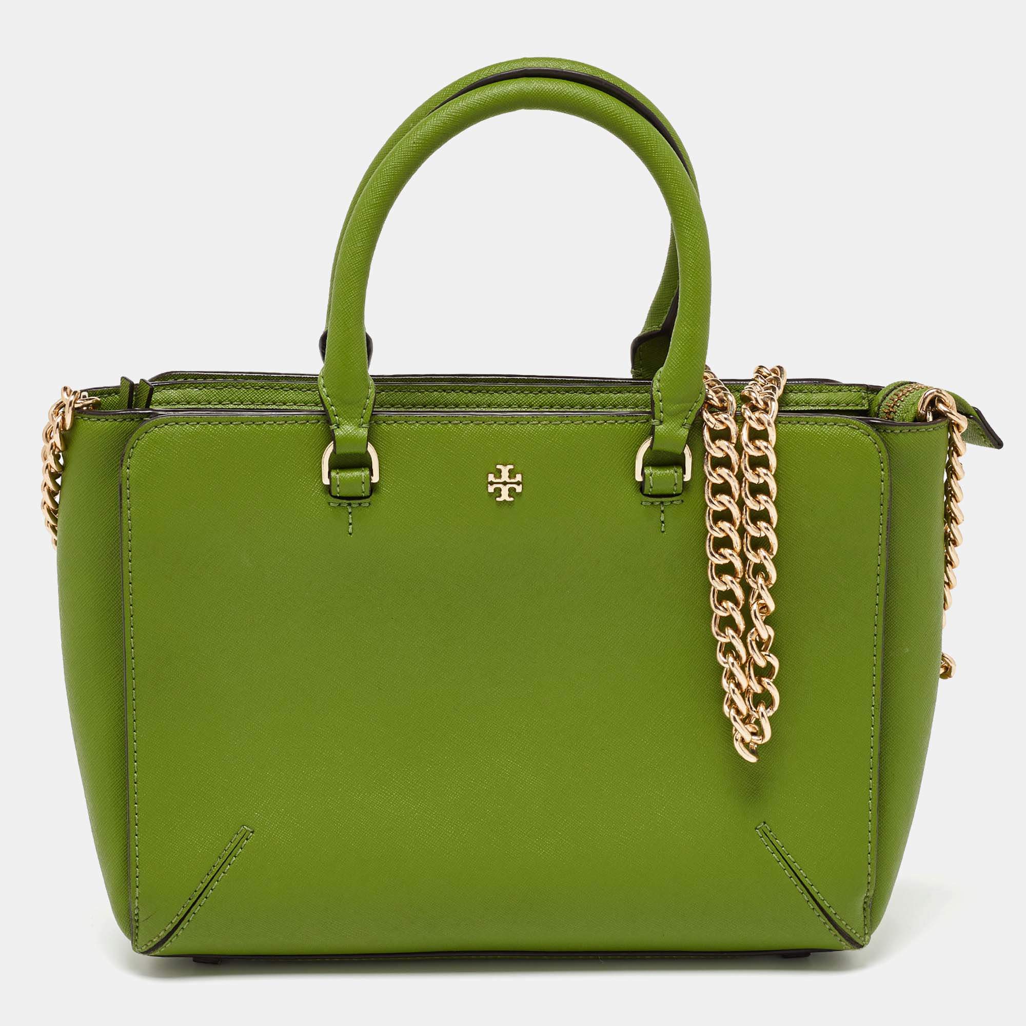 Pre Owned Tory Burch Green Saffiano Leather Robinson Tote