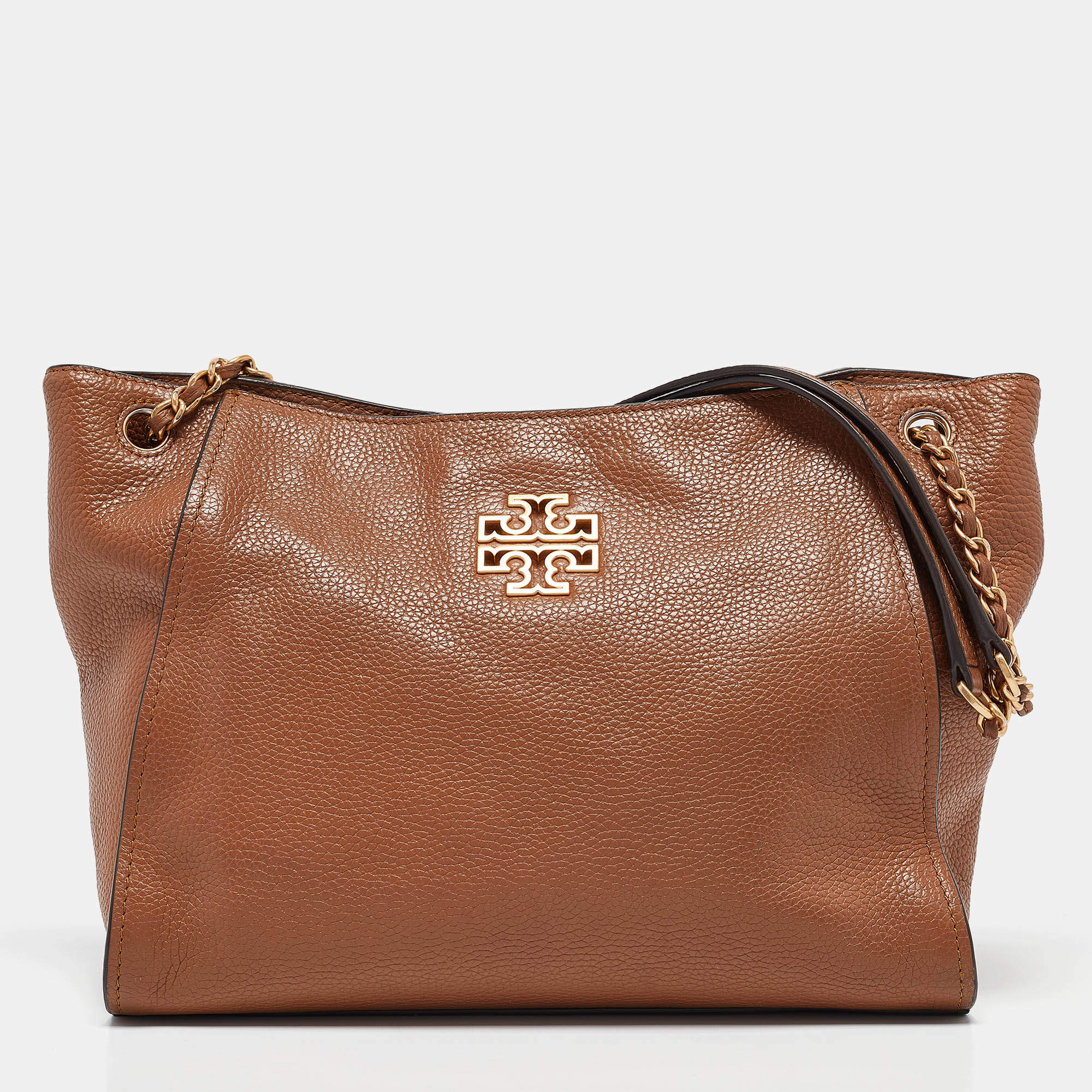 Pre Owned Tory Burch Brown Leather Small Britten Slouchy Tote