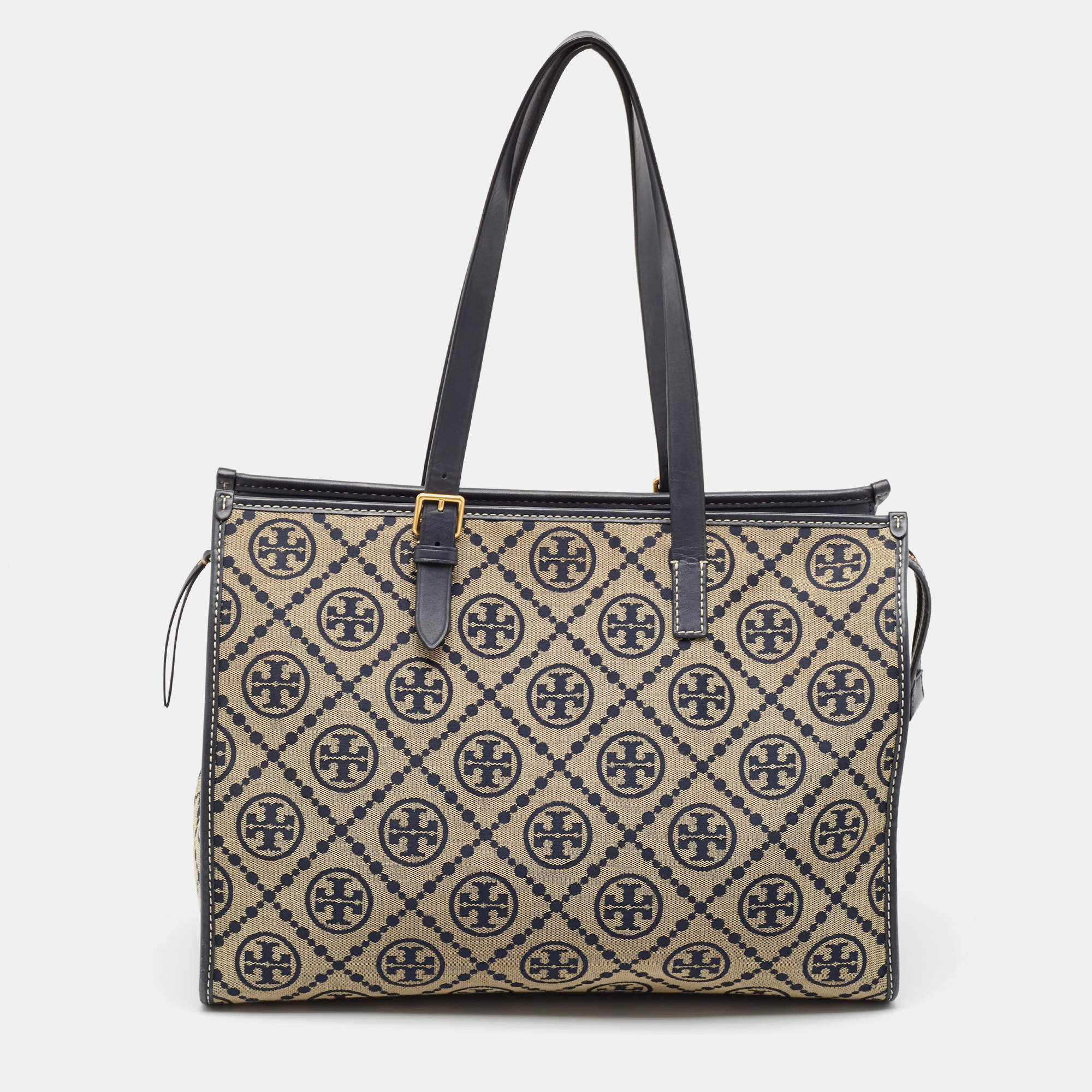 Pre Owned Tory Burch Navy Blue Canvas and Leather T Monogram Tote