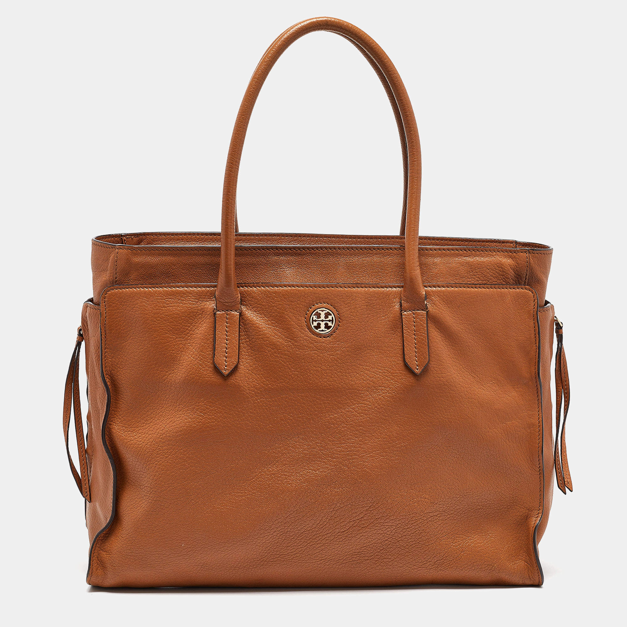 Pre Owned Tory Burch Brown Soft Leather Side Zip Tote