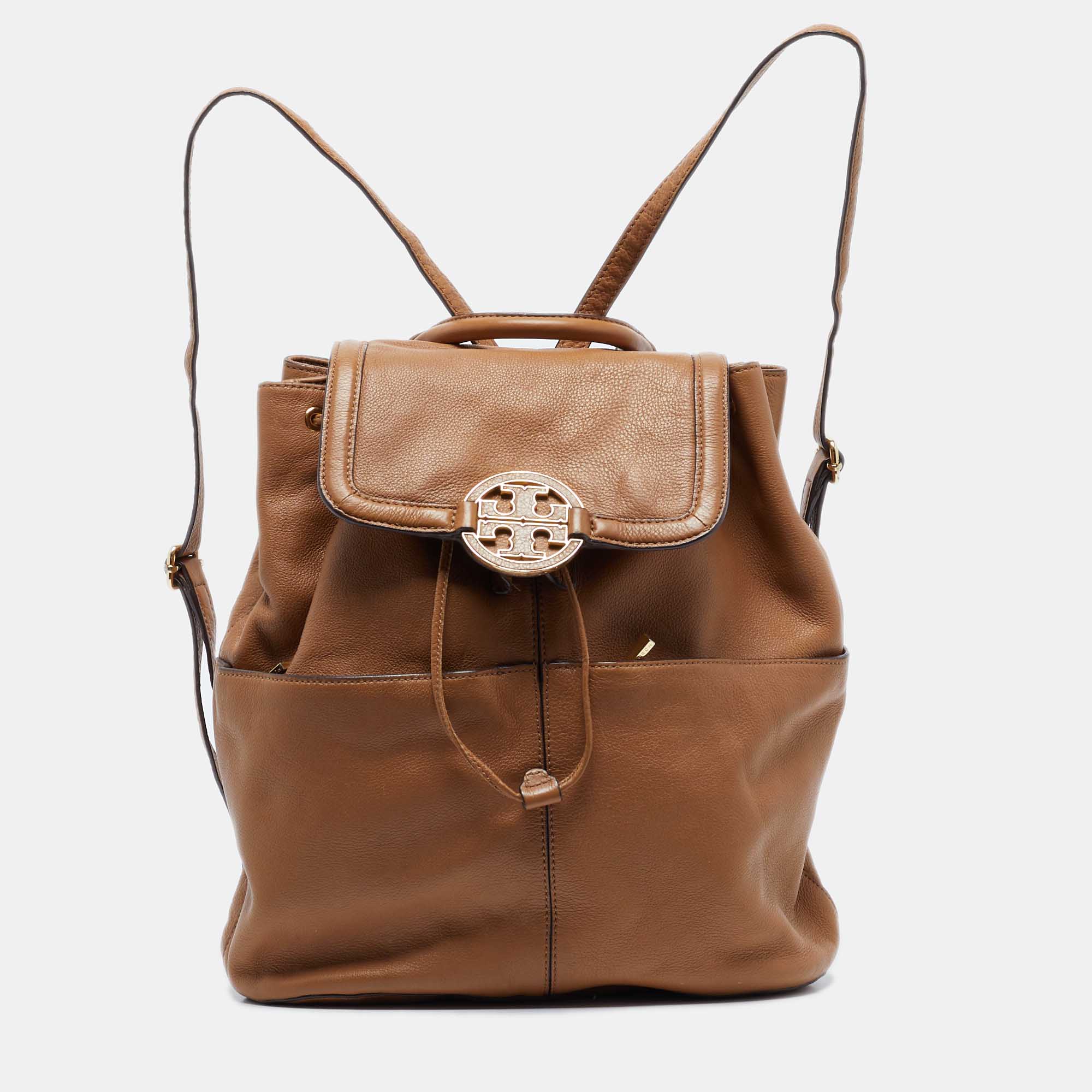 Tory Burch Brown Leather Drawstring Flap Backpack