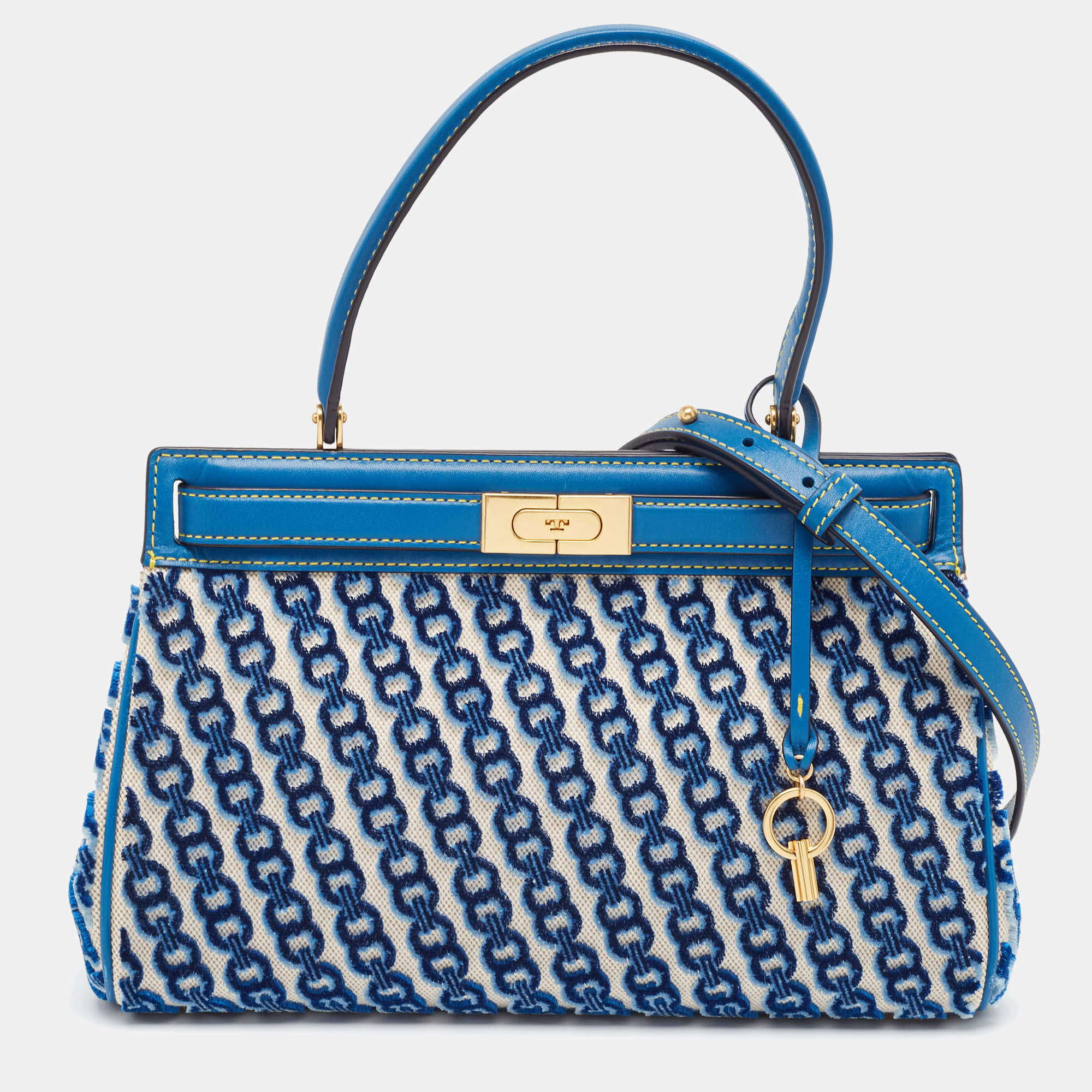 Tory Burch Blue Canvas and Velvet Small Lee Radziwill Top Handle Bag