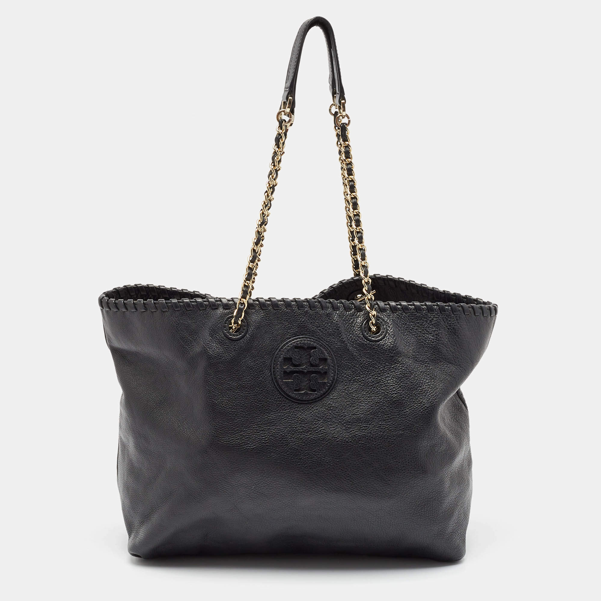 Pre Owned Tory Burch Black Leather Whipstitch Marion Tote