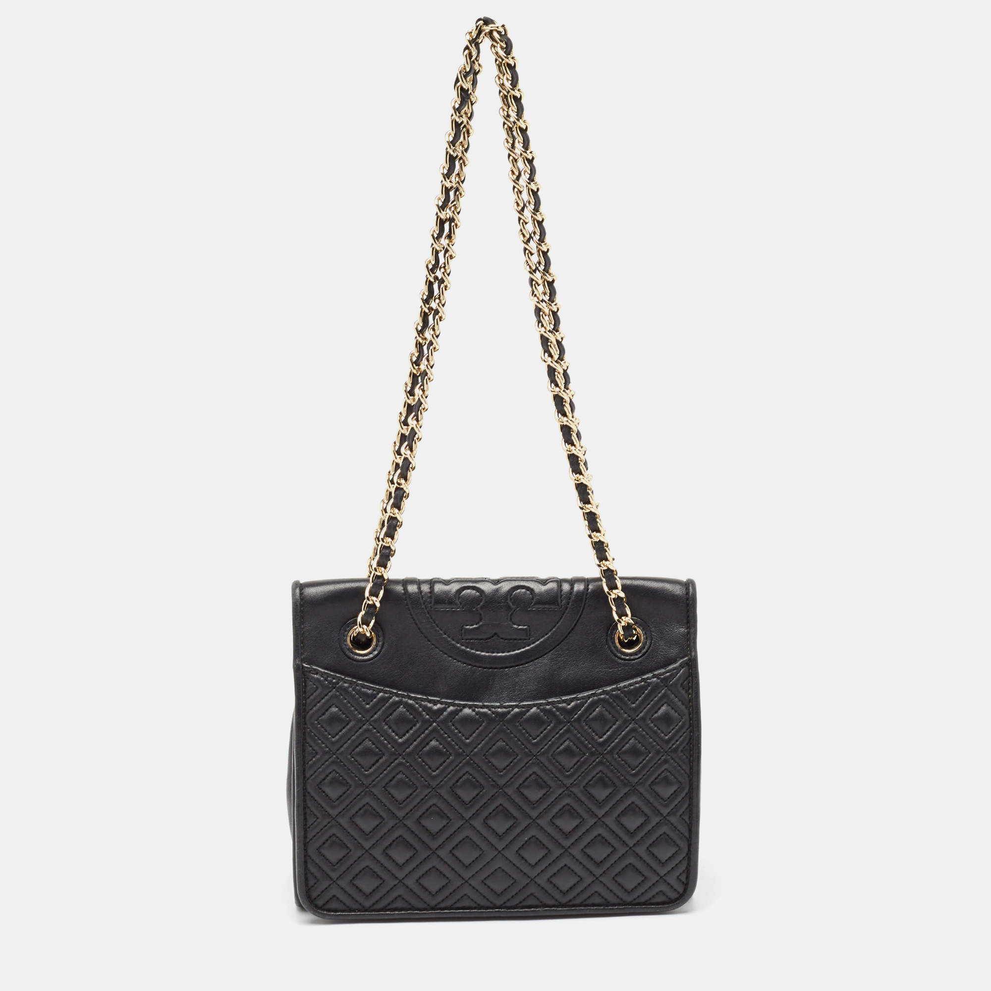 Pre Owned Tory Burch Black Leather Medium Fleming Shoulder Bag