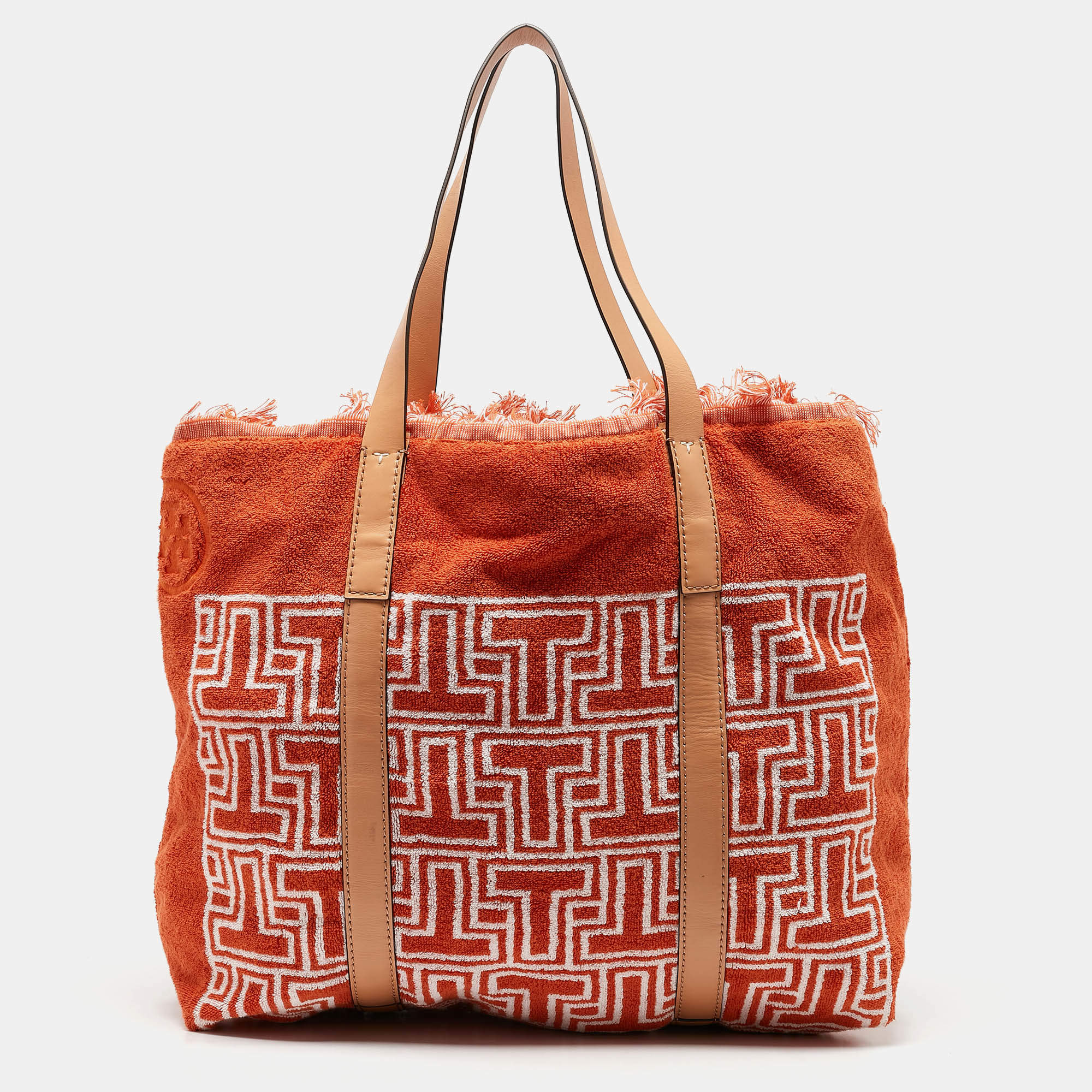 Pre Owned Tory Burch Orange/White Terry Cloth and Leather Printed Tote
