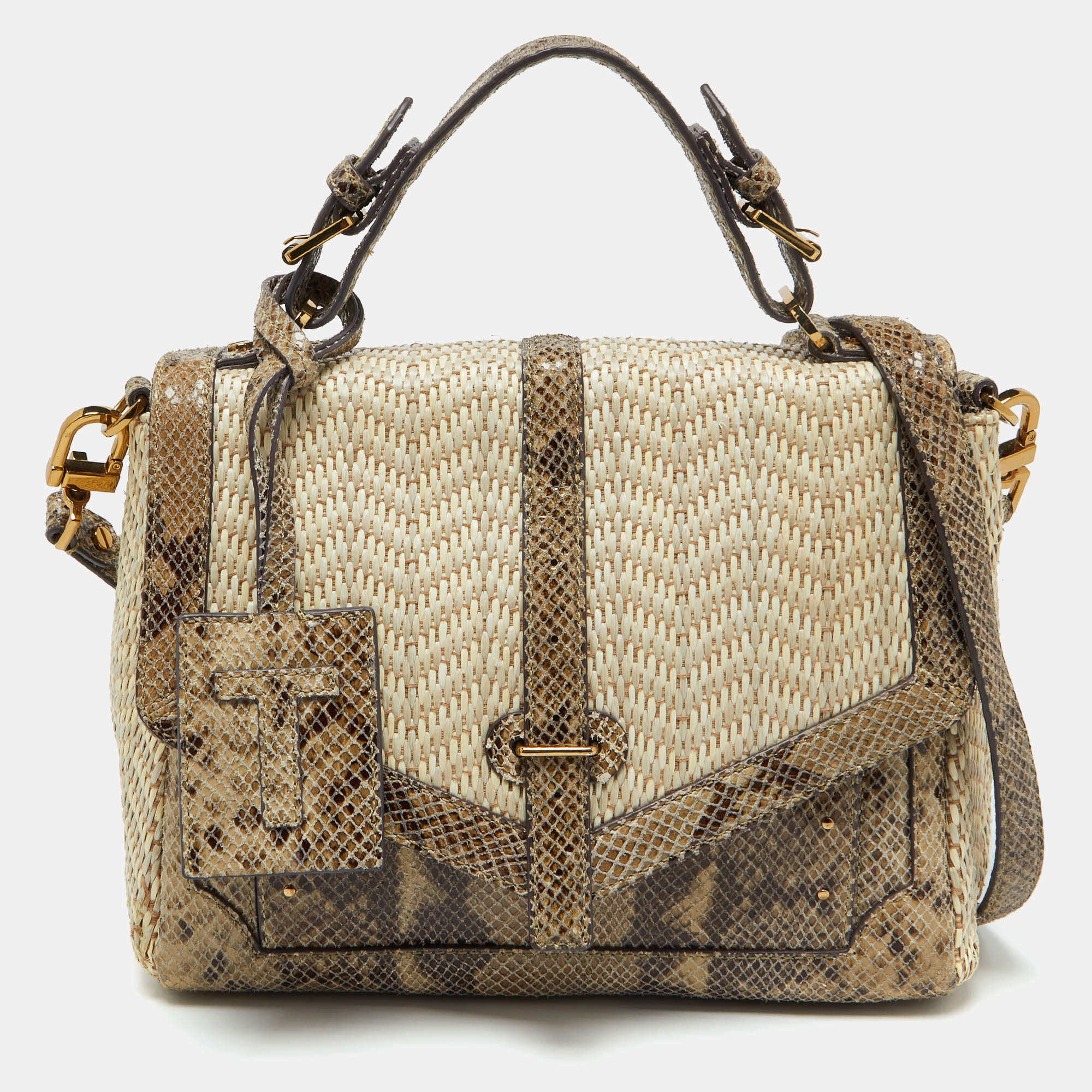 Tory Burch Beige/Brown Snakeskin Embossed Leather and Raffia Top Handle Bag