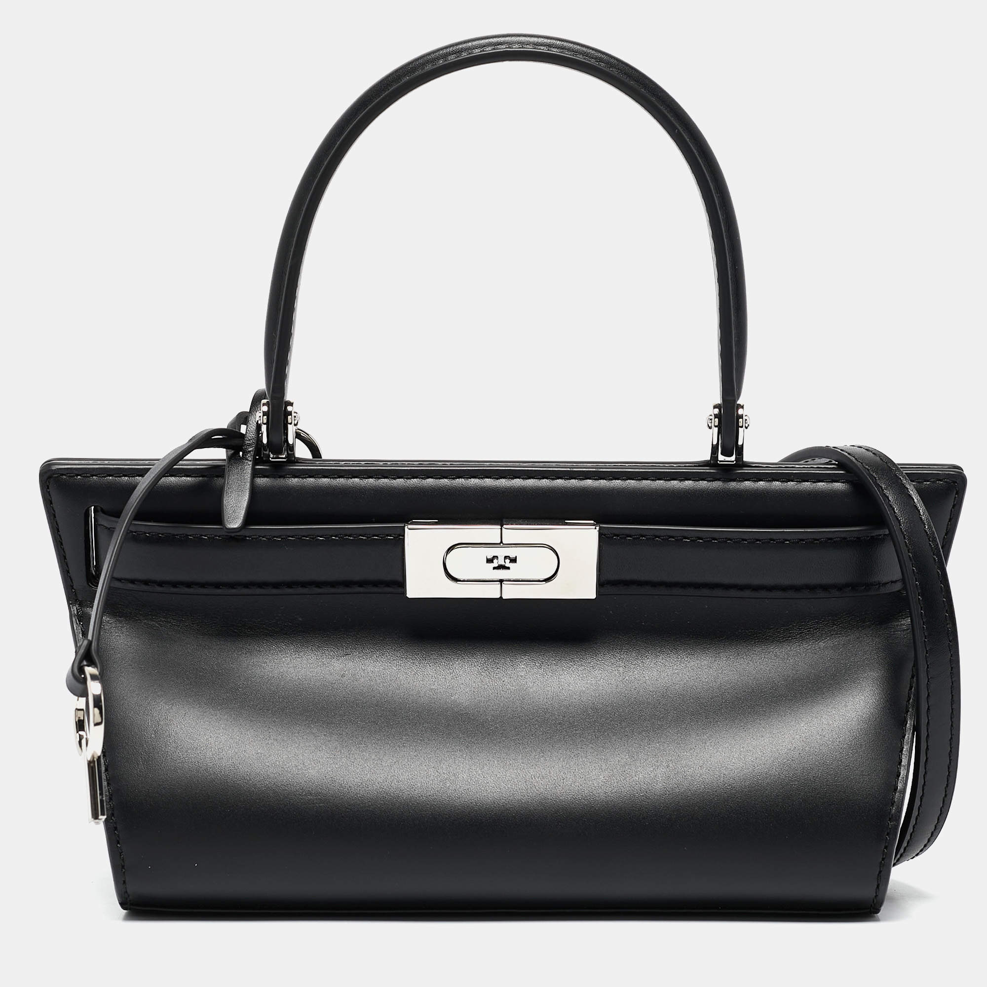 Pre Owned Tory Burch Black Leather Petite Lee Radziwill Cat Eye Top Handle Bag