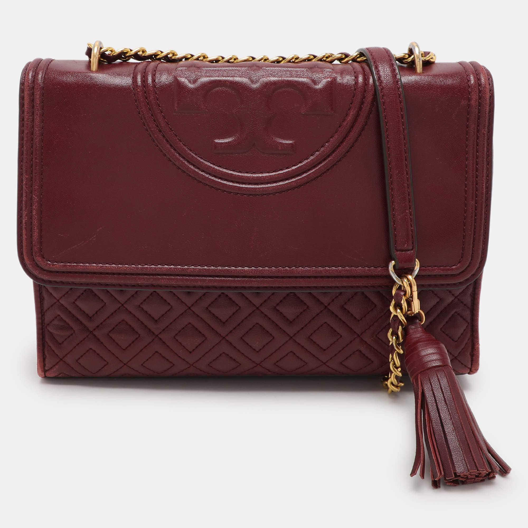 Pre Owned Tory Burch Burgundy Quilted Leather Fleming Shoulder Bag