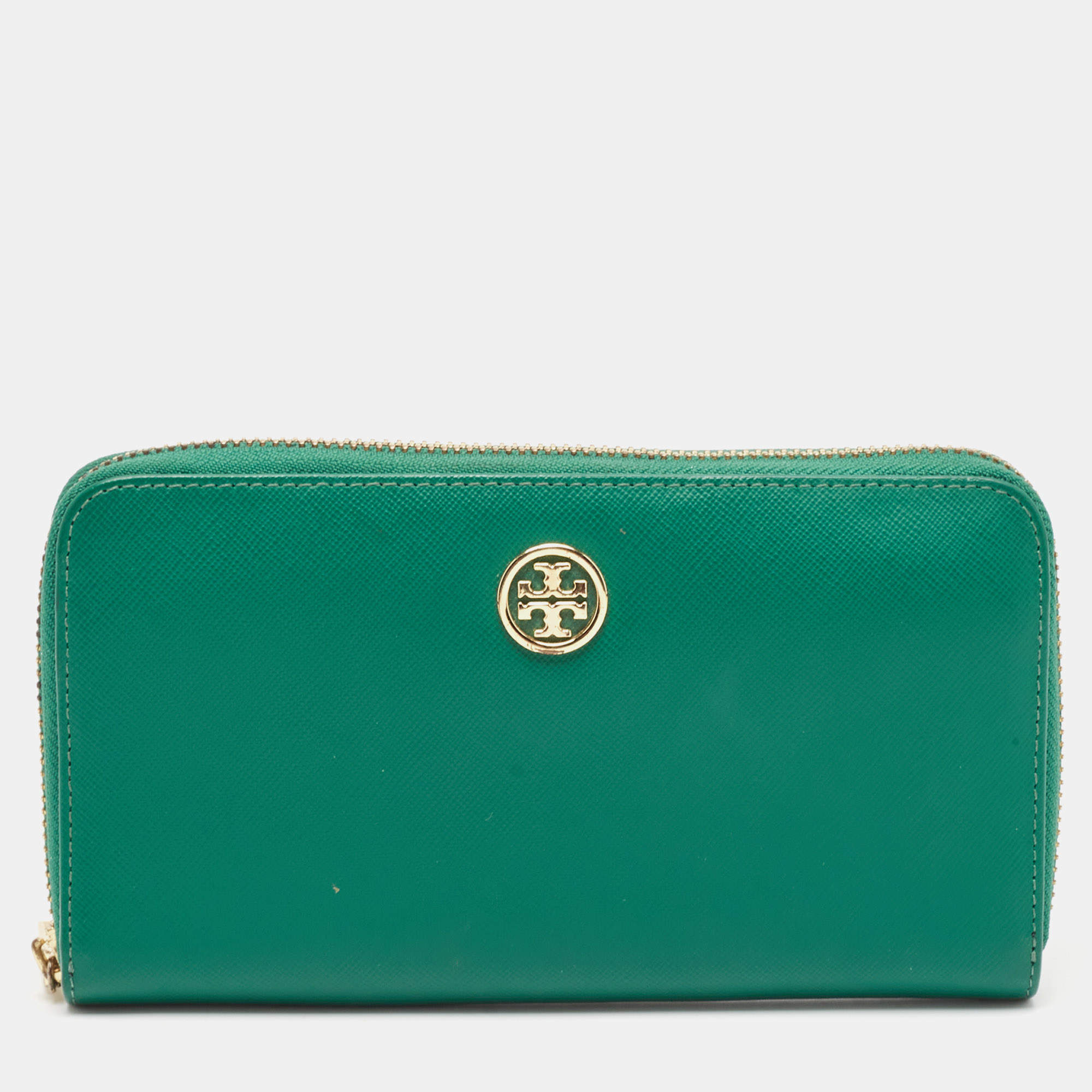 Tory Burch Green Leather Robinson Zip Around Wallet