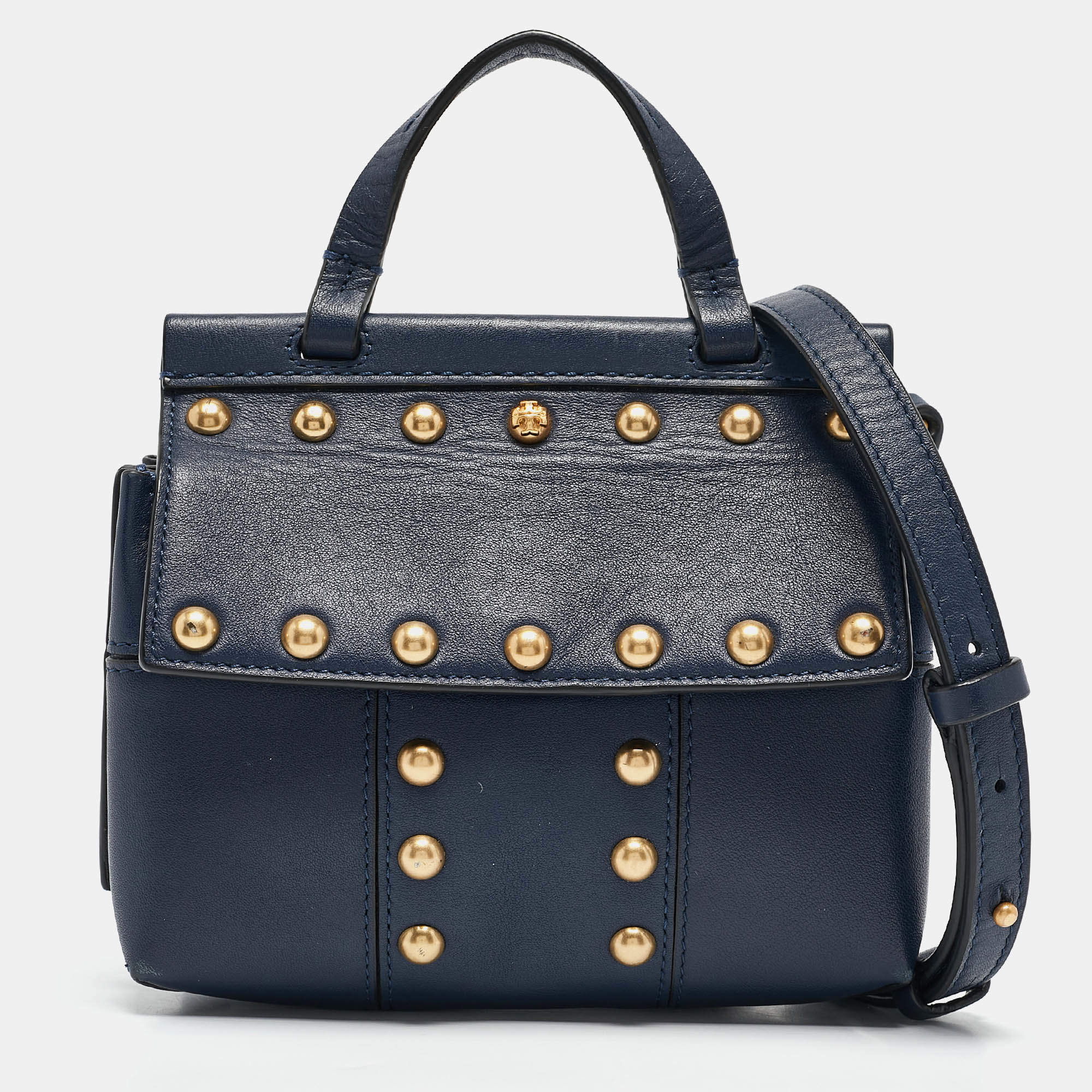 Tory Burch Navy Blue Leather Mini Block-T Top Handle Bag