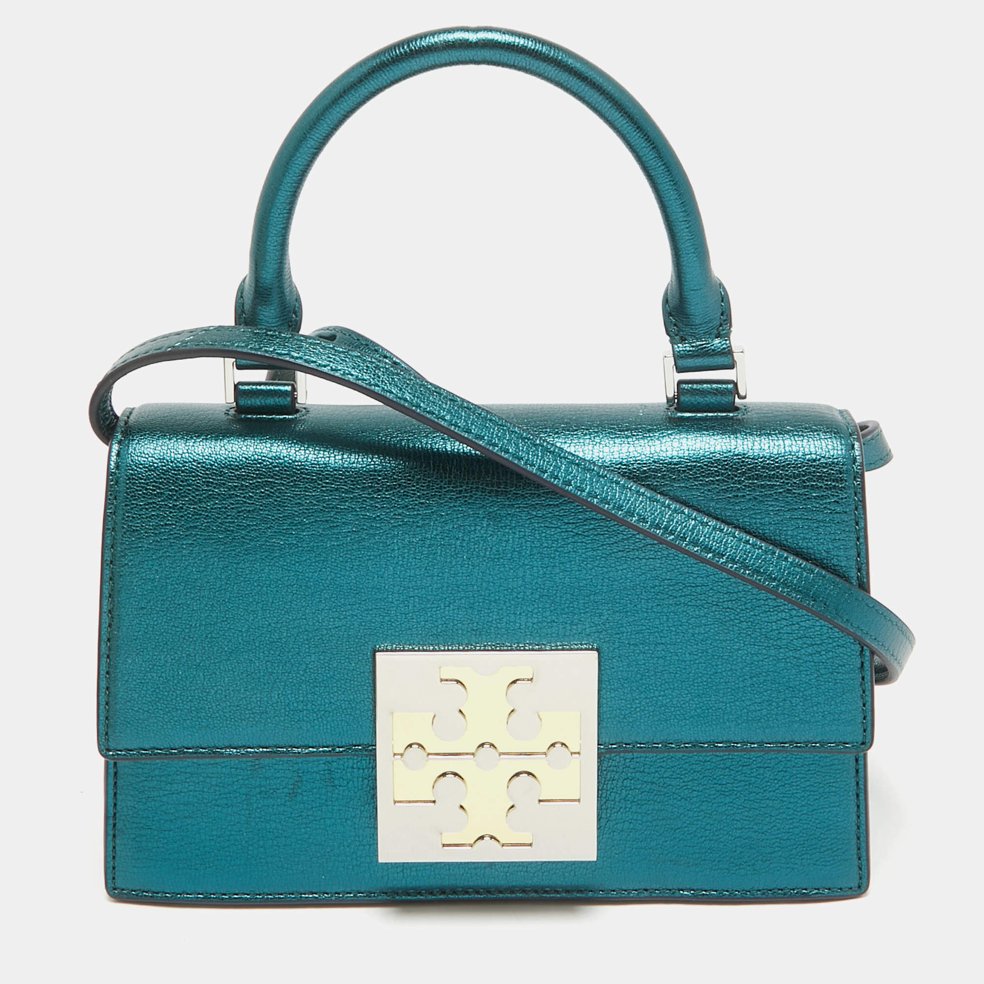 Tory Burch Teal Green Glossy Leather Mini Bon Bon Top Handle Bag