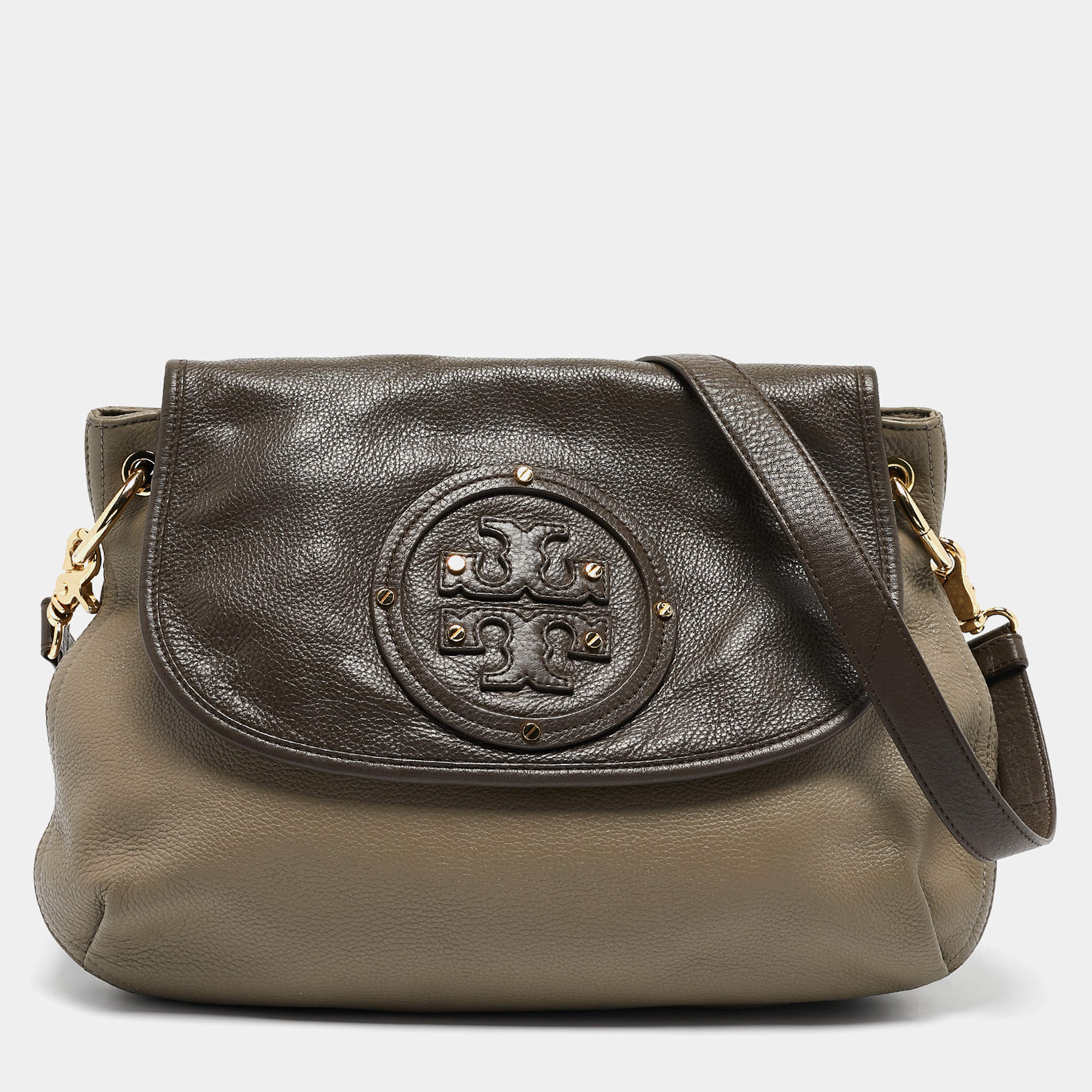 Pre Owned Tory Burch Grey/Brown Leather Maisley Flap Hobo