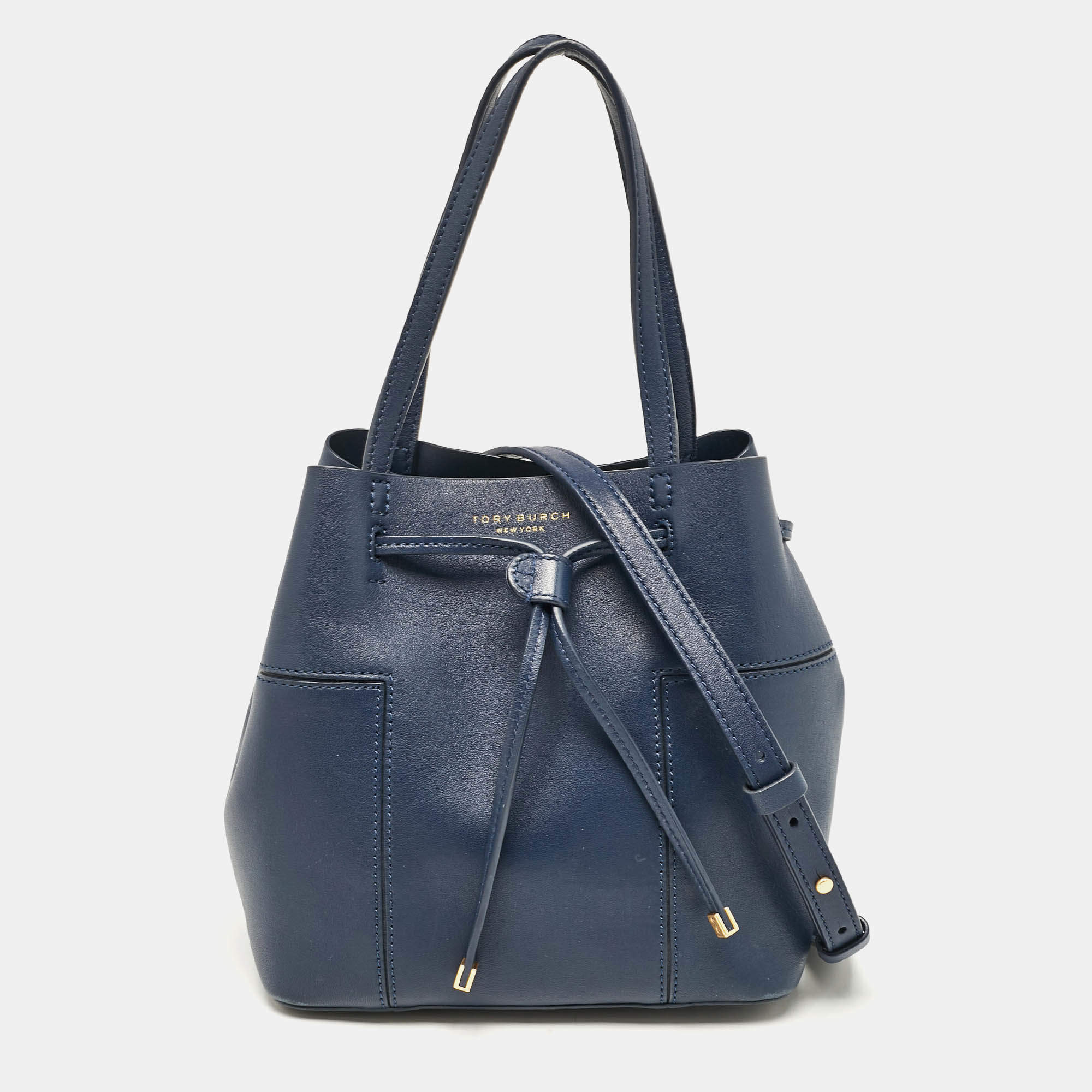 Pre Owned Tory Burch Navy Blue Leather Mini Block-T Bucket Bag
