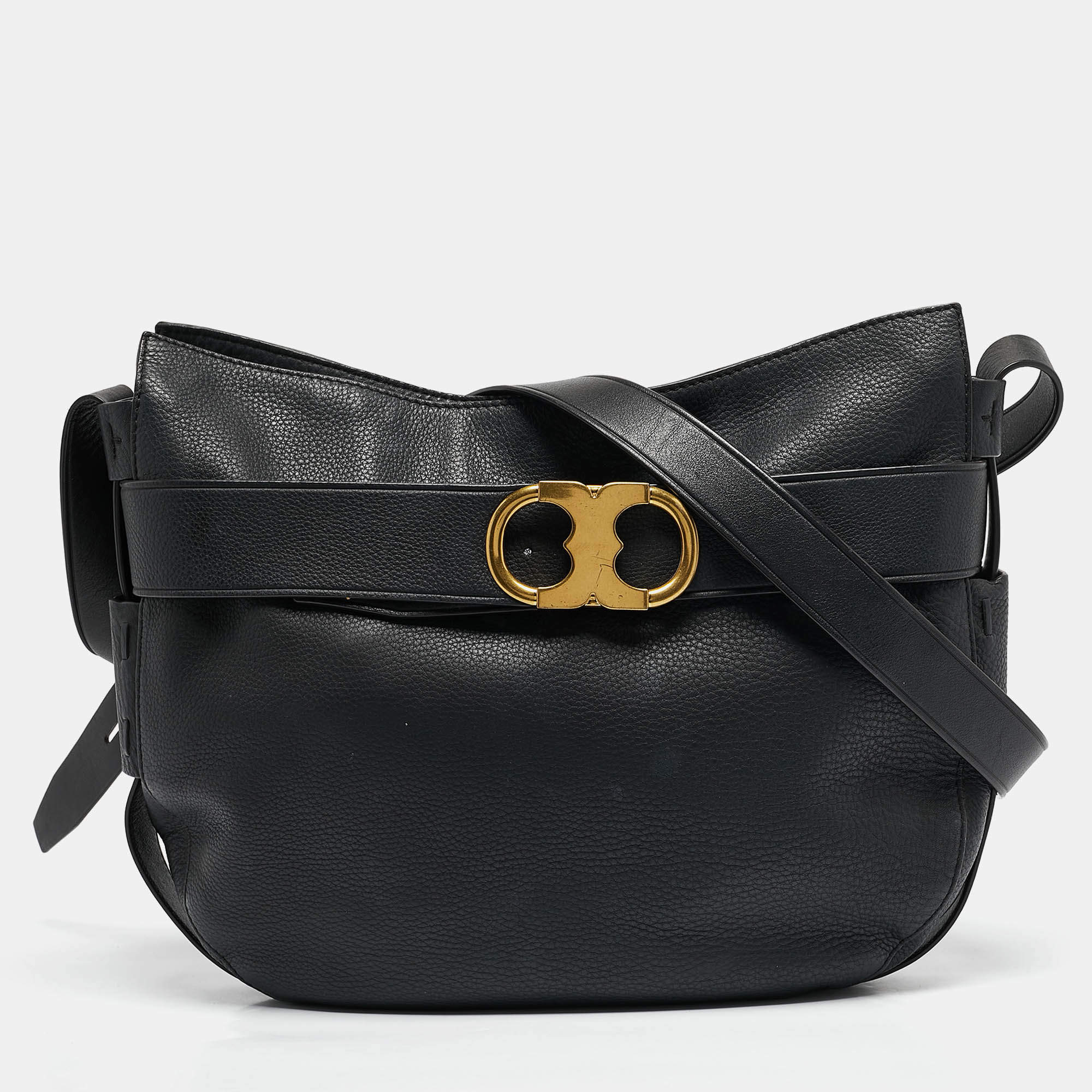 Tory Burch Black Leather Gemini Belted Shoulder Bag