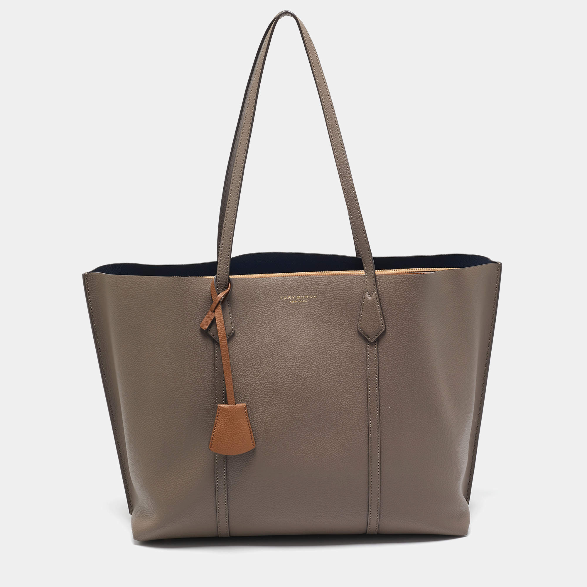 Pre Owned Tory Burch Grey Leather Perry Triple Compartment Tote