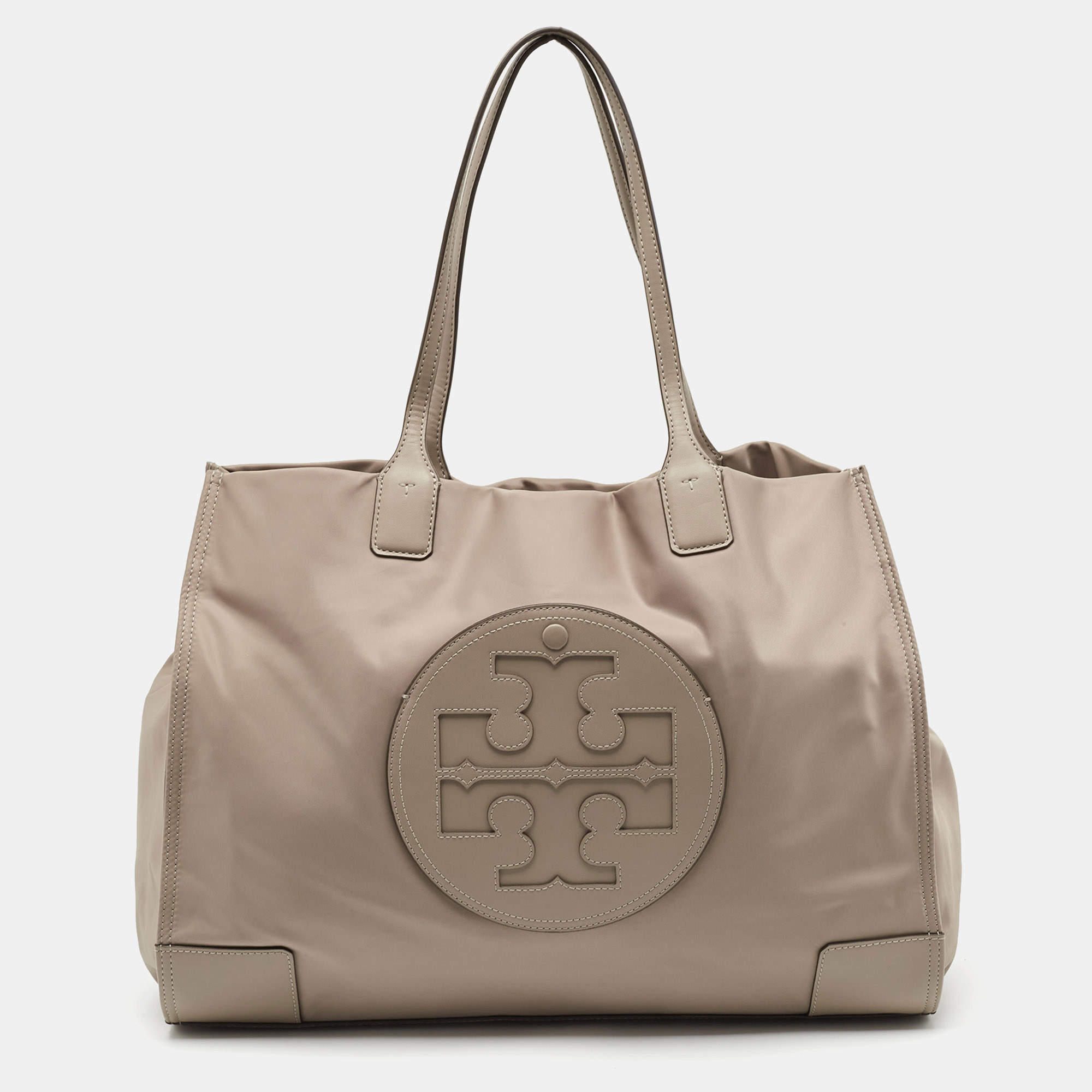 Pre Owned Tory Burch Beige Nylon and Leather Large Ella Tote