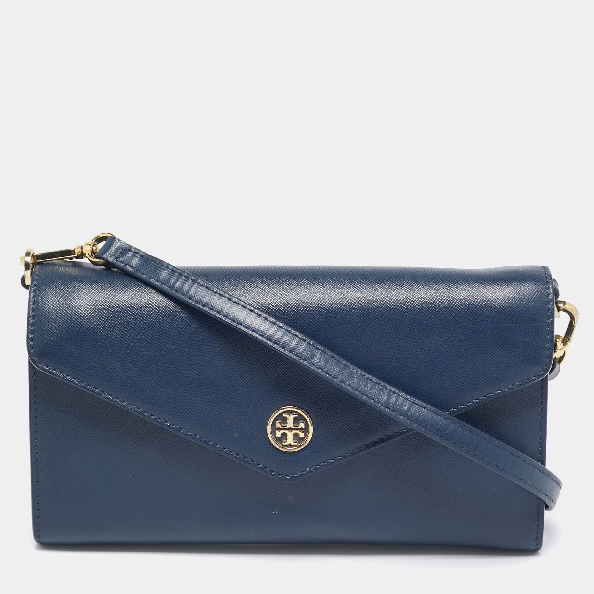 Tory Burch Navy Blue Leather Robinson Envelope Crossbody Bag