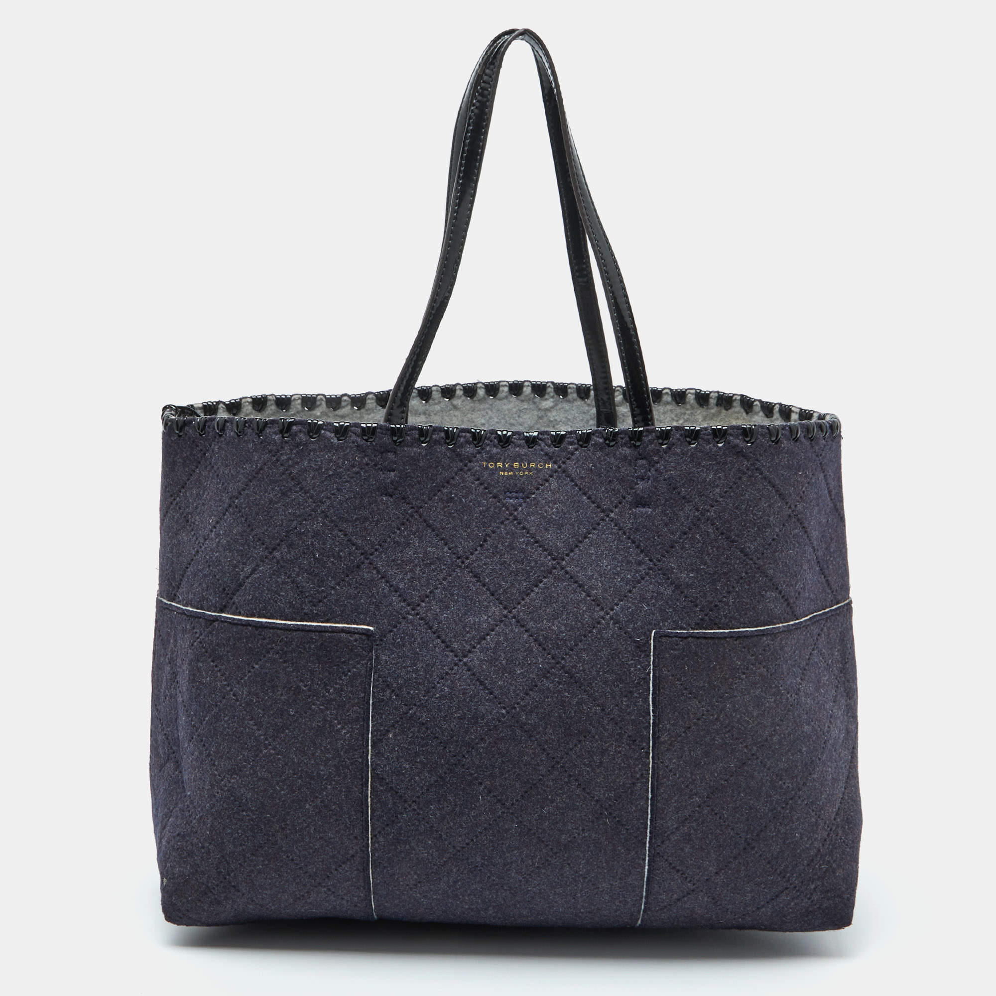 Tory Burch Navy Blue Felt Fabric and Patent Leather Block-T Shopper Tote