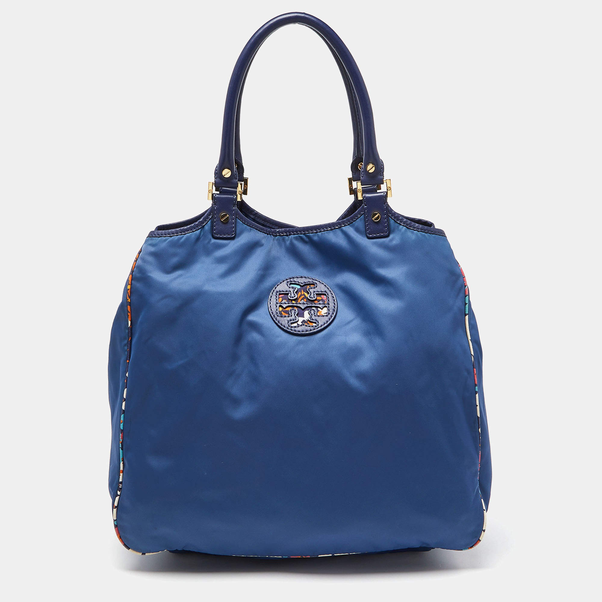 Pre Owned Tory Burch Blue/Multicolor Nylon Logo Tote