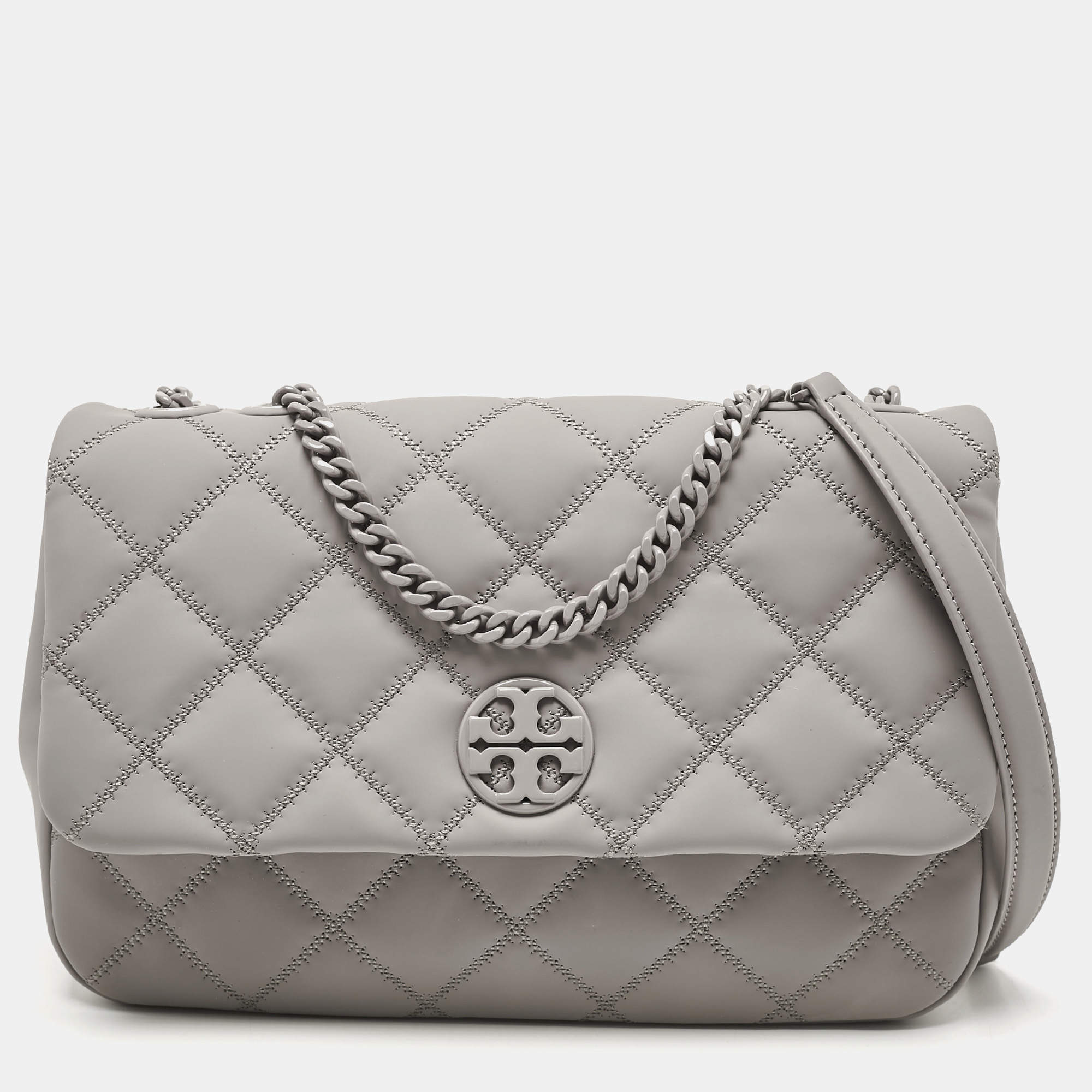 Pre Owned Tory Burch Grey Quilted Leather Willa Matte Shoulder Bag