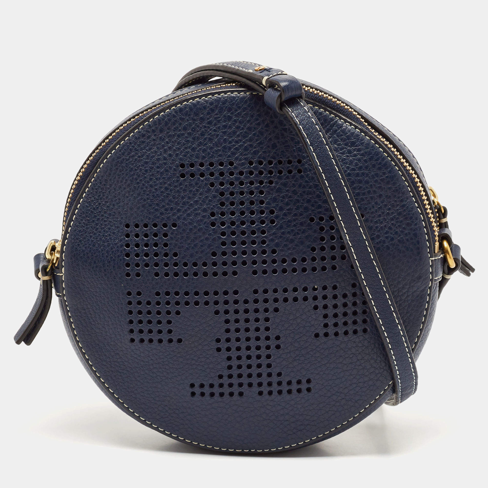 Tory Burch Navy Blue Leather T Perforated Logo Round Crossbody Bag