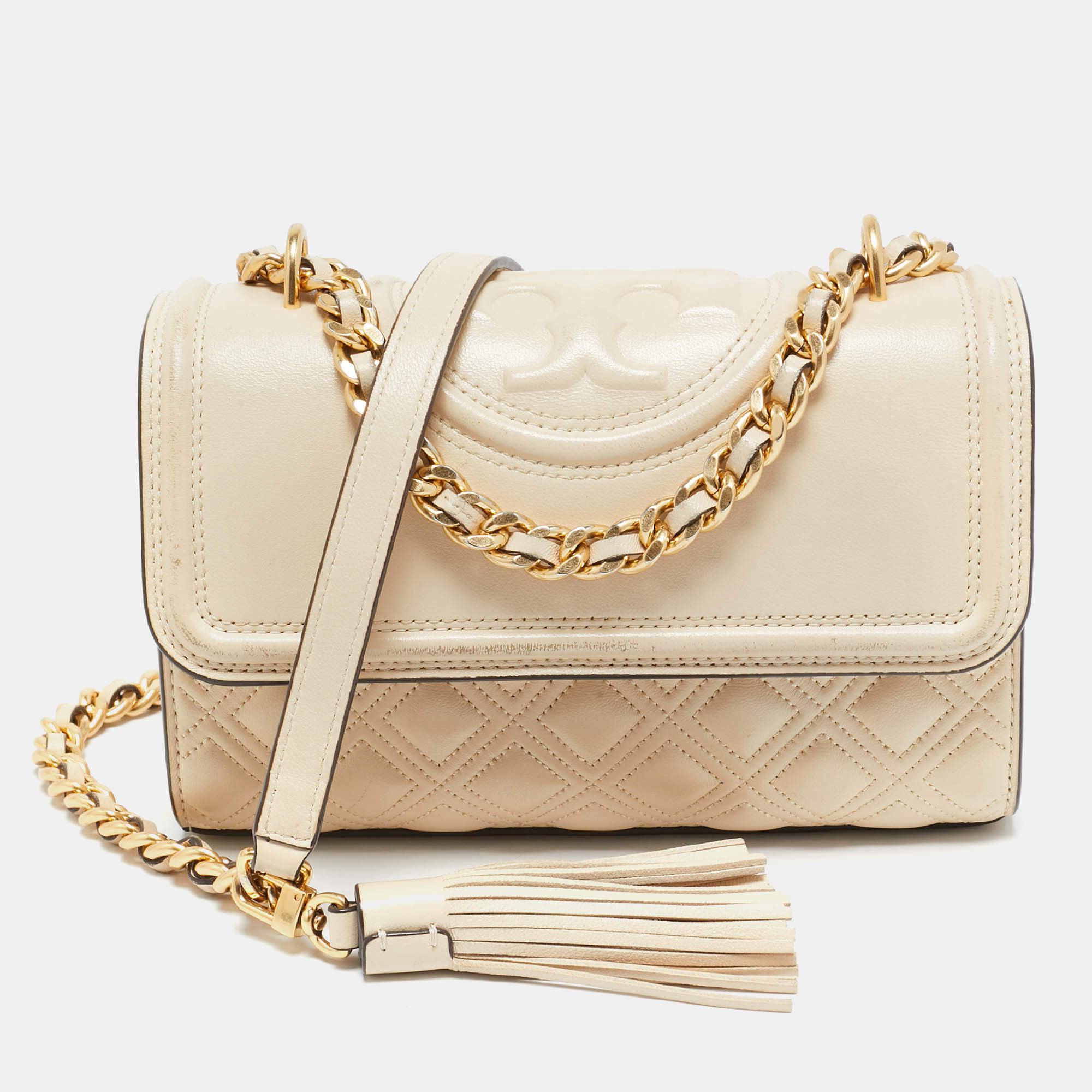 Tory Burch Light Beige Leather Small Fleming Shoulder Bag