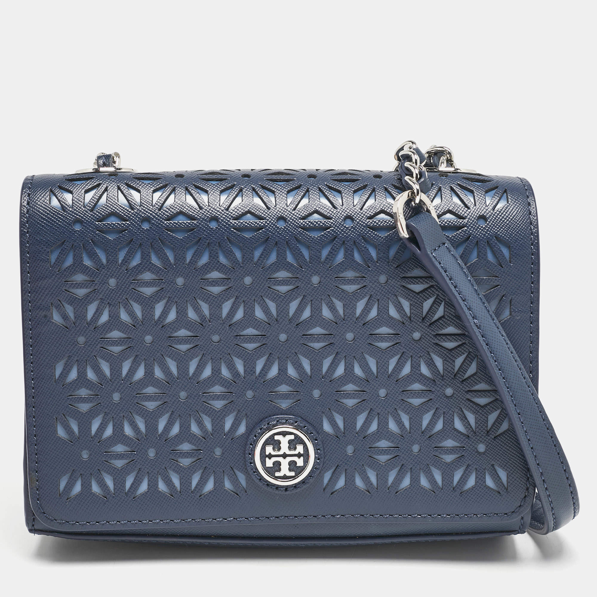 Pre Owned Tory Burch Navy Blue Laser Cut Leather Robinson Shoulder Bag