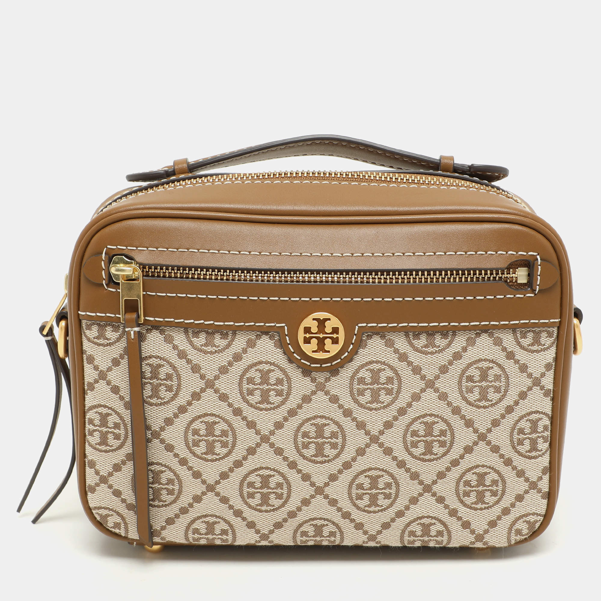 Tory Burch Brown/Beige T Monogram Jacquard and Leather Crossbody Bag