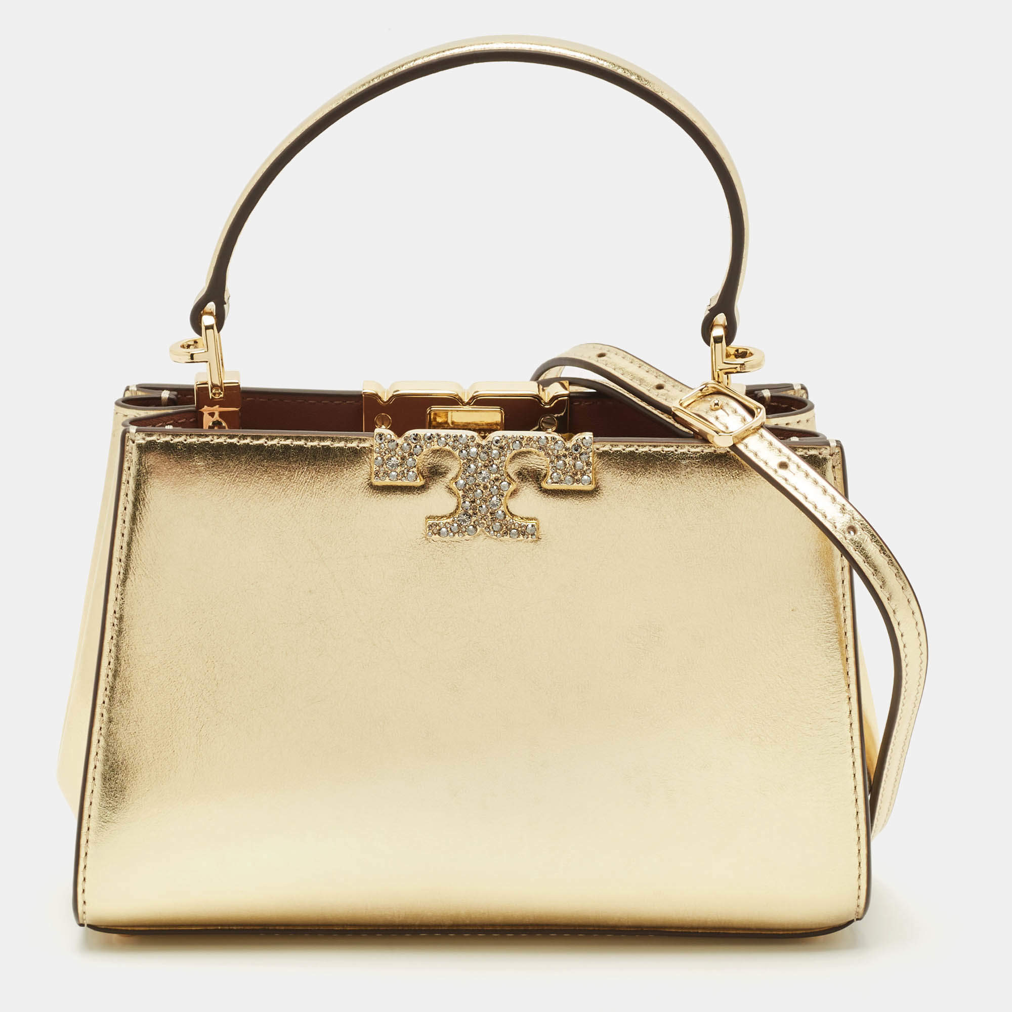 Pre Owned Tory Burch Gold Leather Mini Eleanor Top Handle Bag