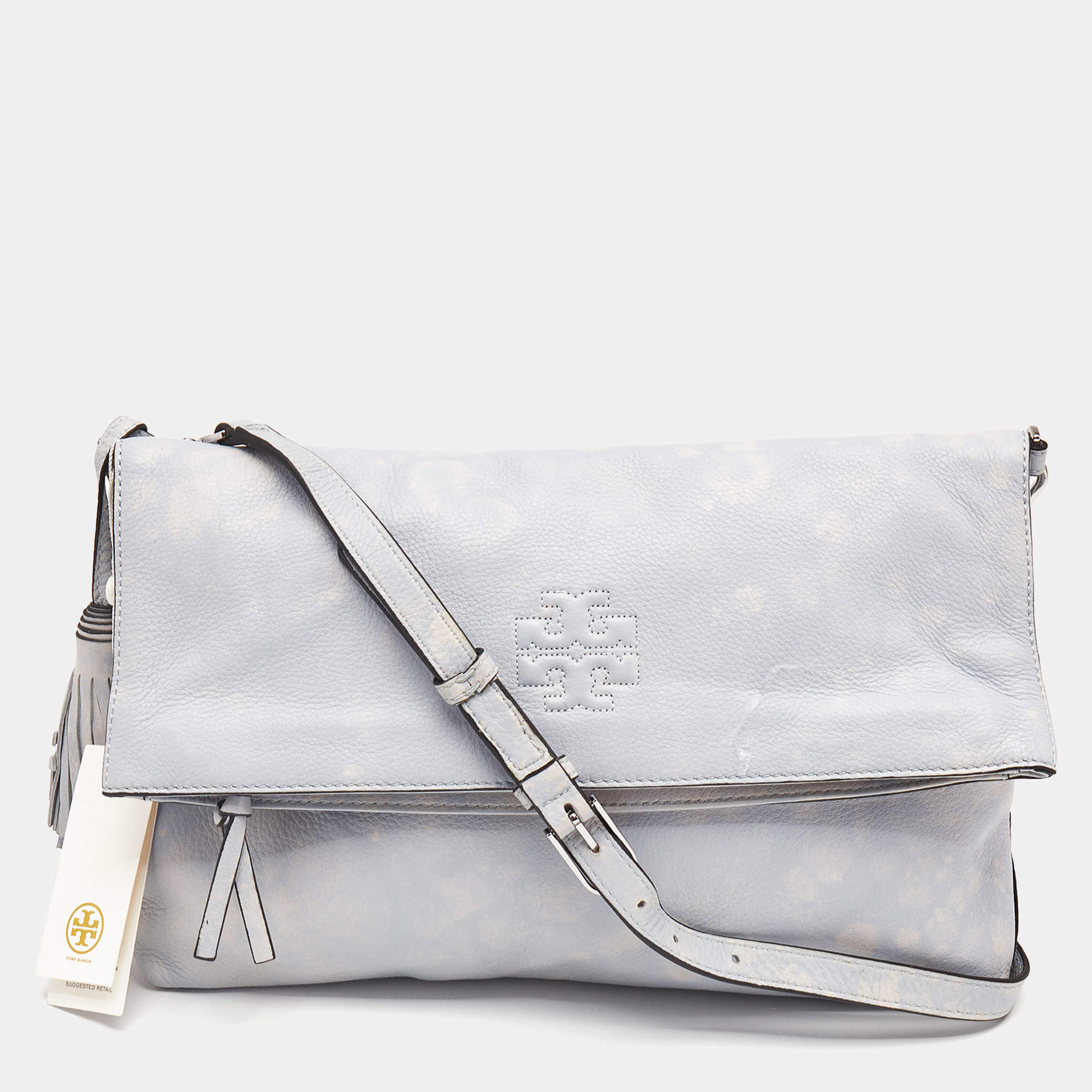 Tory Burch Light Blue Distressed Leather Thea Fold Over Crossbody Bag
