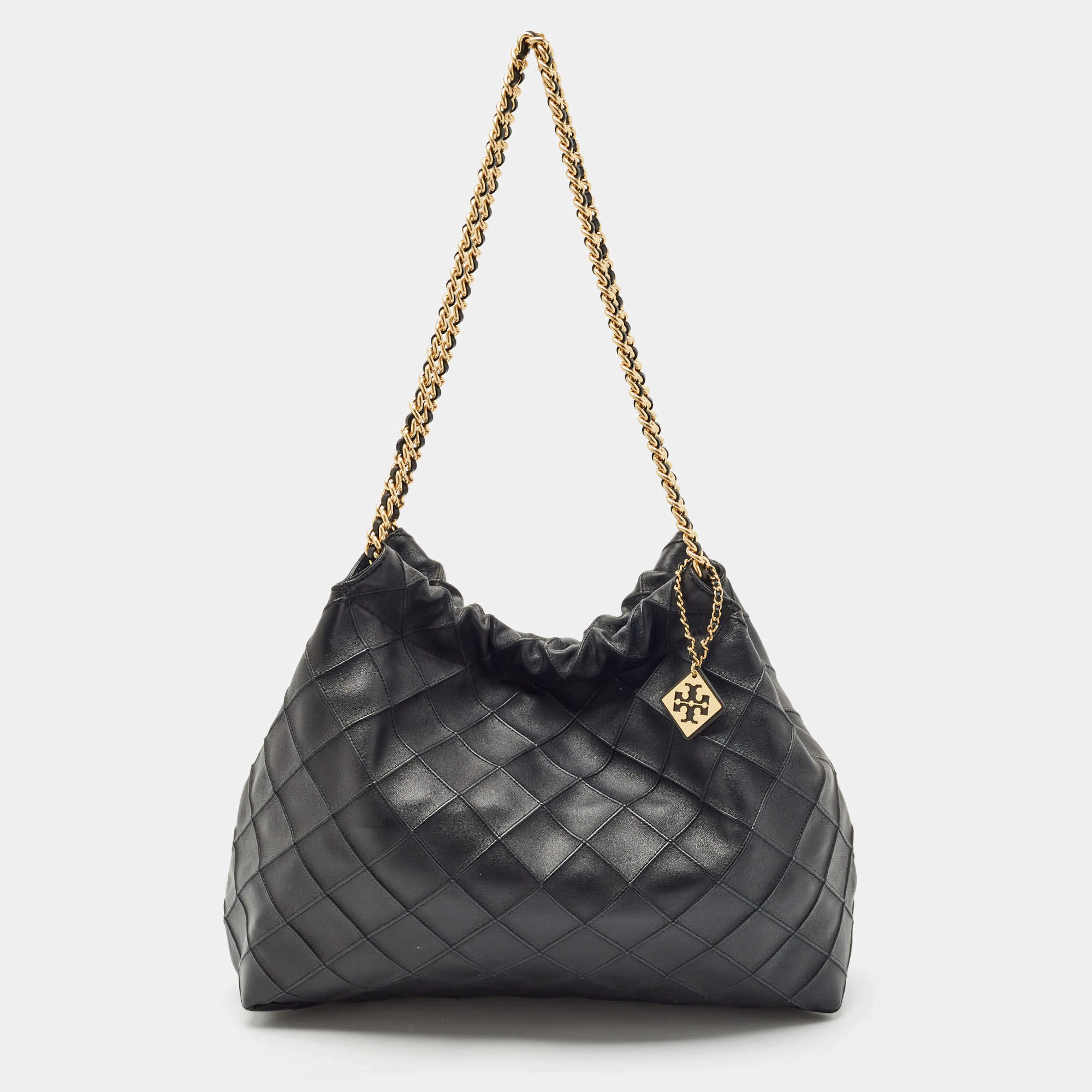 Tory Burch Black Quilted Leather Fleming Drawstring Shoulder Bag